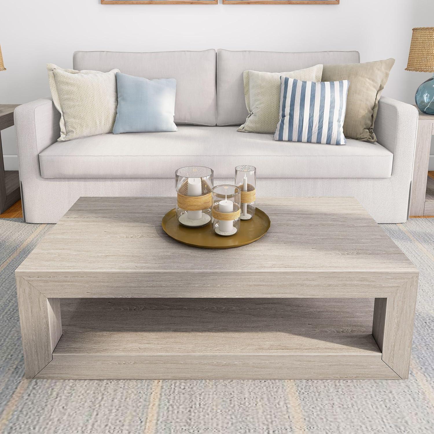 image:imagePlankBeam 40 Modern Rectangular Coffee Table with Shelf Solid Wood Center Table with Storage 2 Tier Tea Table for Living Room Blonde WirebrushSeashell Wirebrush