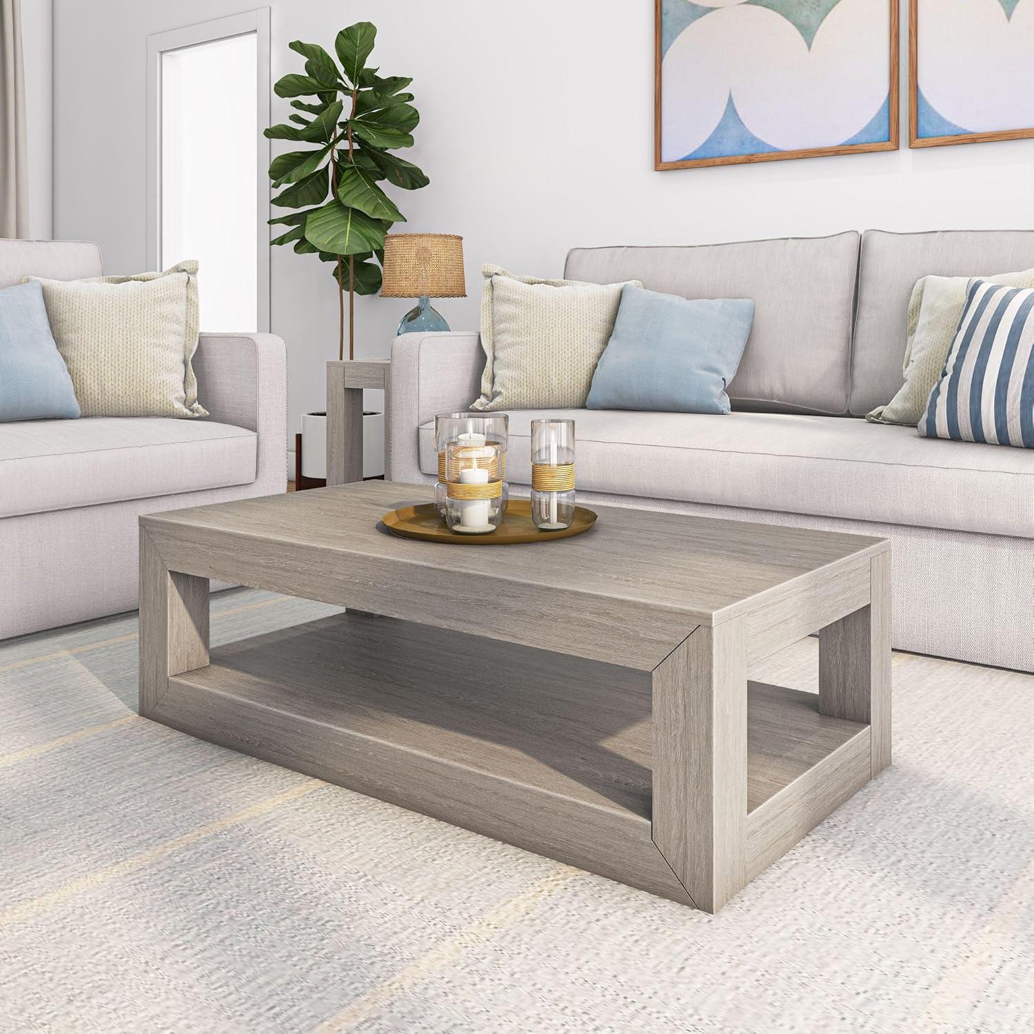 image:imagePlankBeam 40 Modern Rectangular Coffee Table with Shelf Solid Wood Center Table with Storage 2 Tier Tea Table for Living Room Blonde WirebrushSeashell Wirebrush