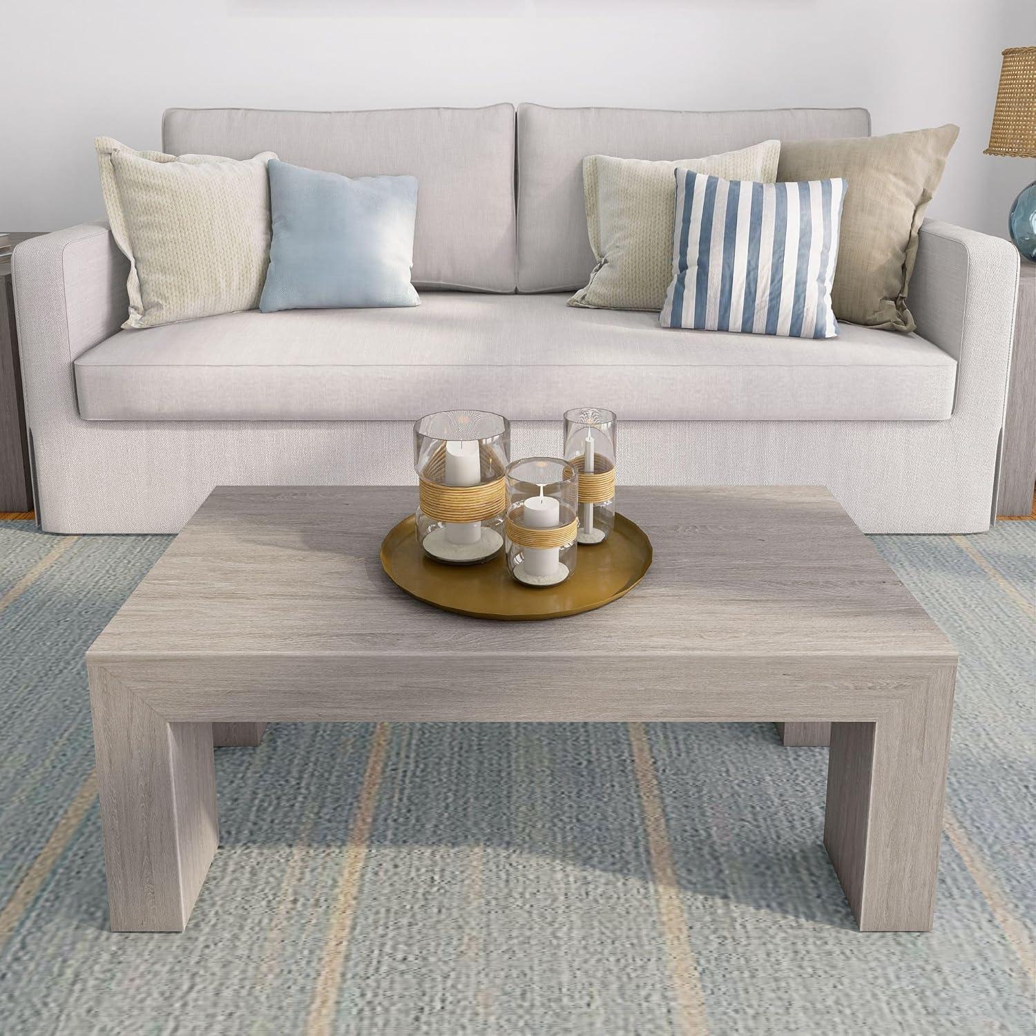 image:imagePlankBeam 40 Modern Rectangular Coffee Table with Shelf Solid Wood Center Table with Storage 2 Tier Tea Table for Living Room Blonde WirebrushSeashell Wirebrush