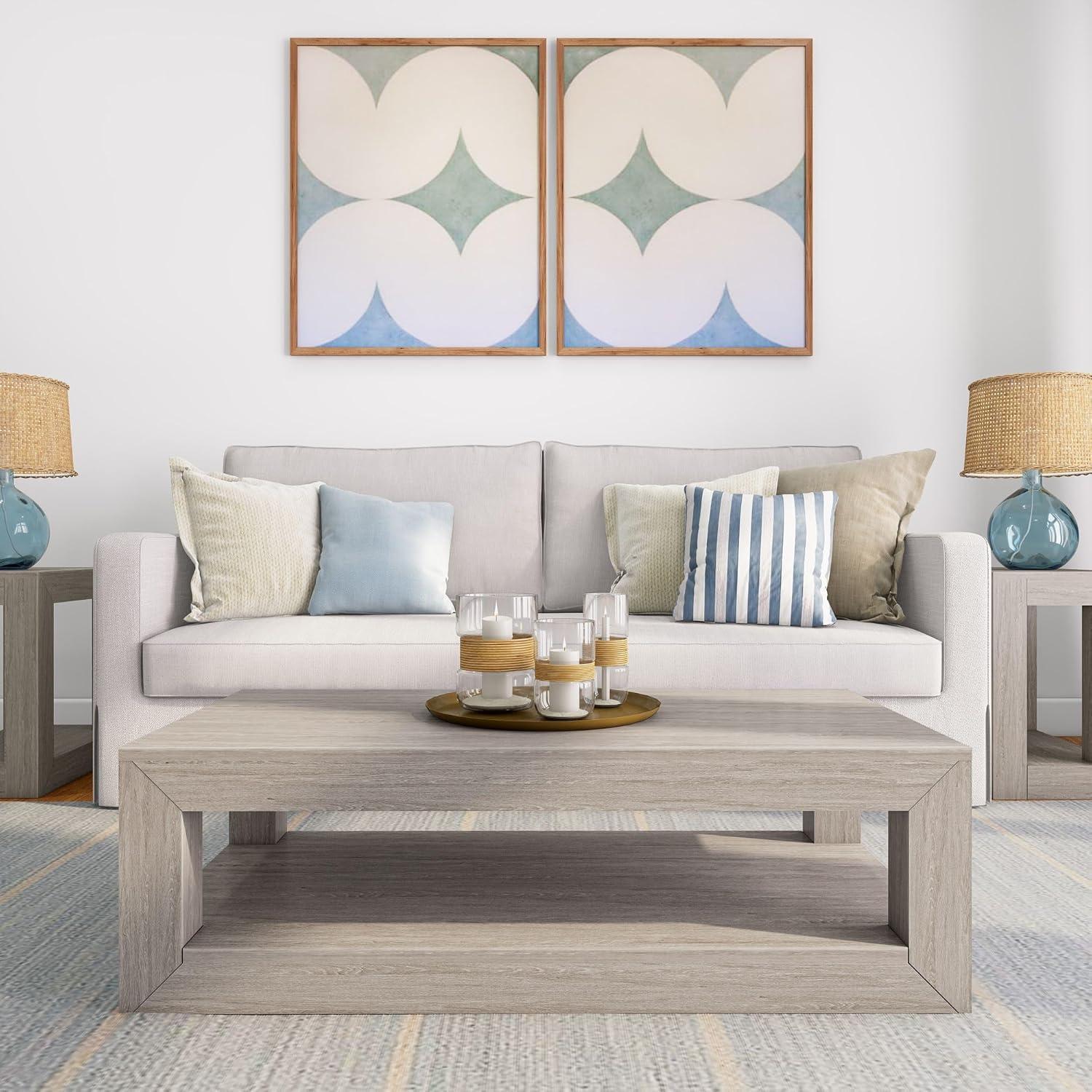 image:imagePlankBeam 40 Modern Rectangular Coffee Table with Shelf Solid Wood Center Table with Storage 2 Tier Tea Table for Living Room Blonde WirebrushSeashell Wirebrush