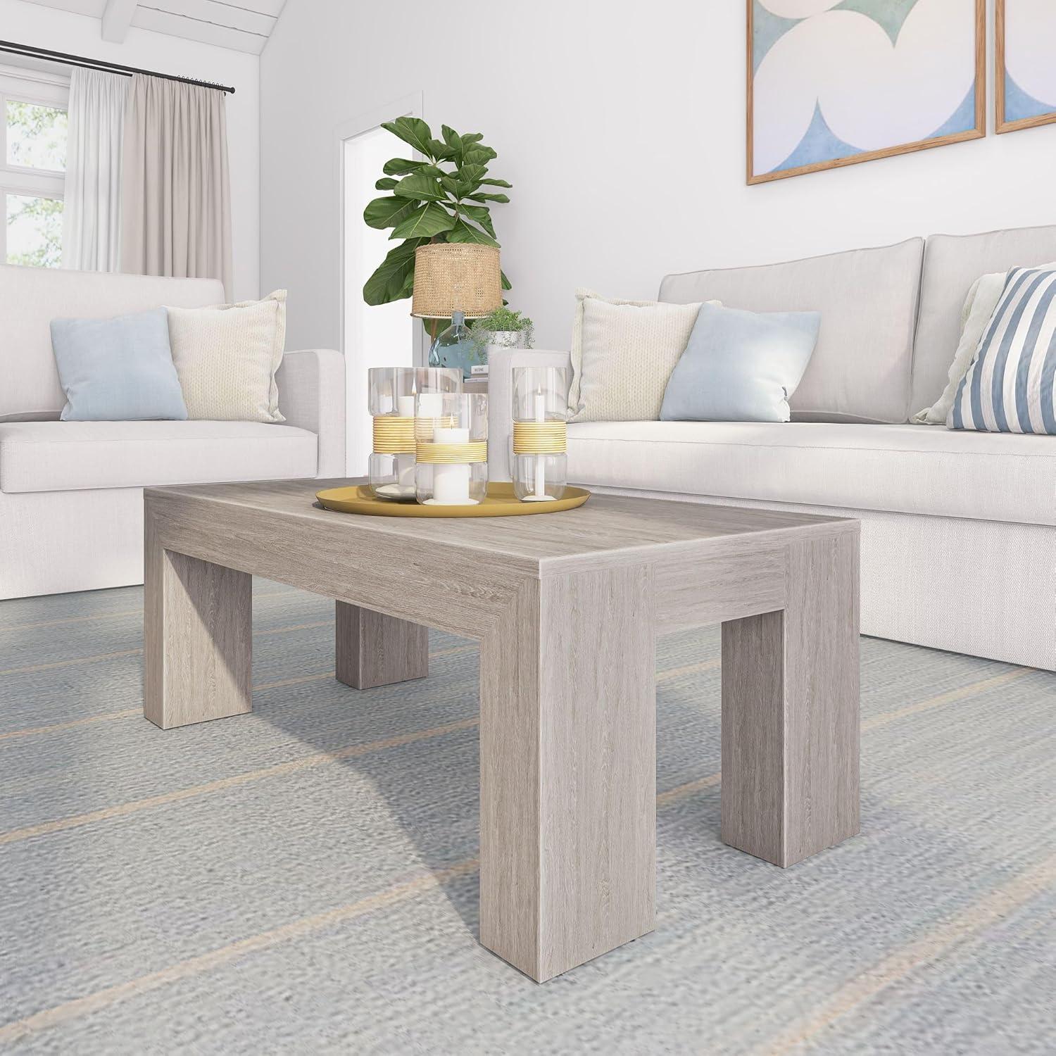 image:imagePlankBeam 40 Modern Rectangular Coffee Table with Shelf Solid Wood Center Table with Storage 2 Tier Tea Table for Living Room Blonde WirebrushSeashell Wirebrush