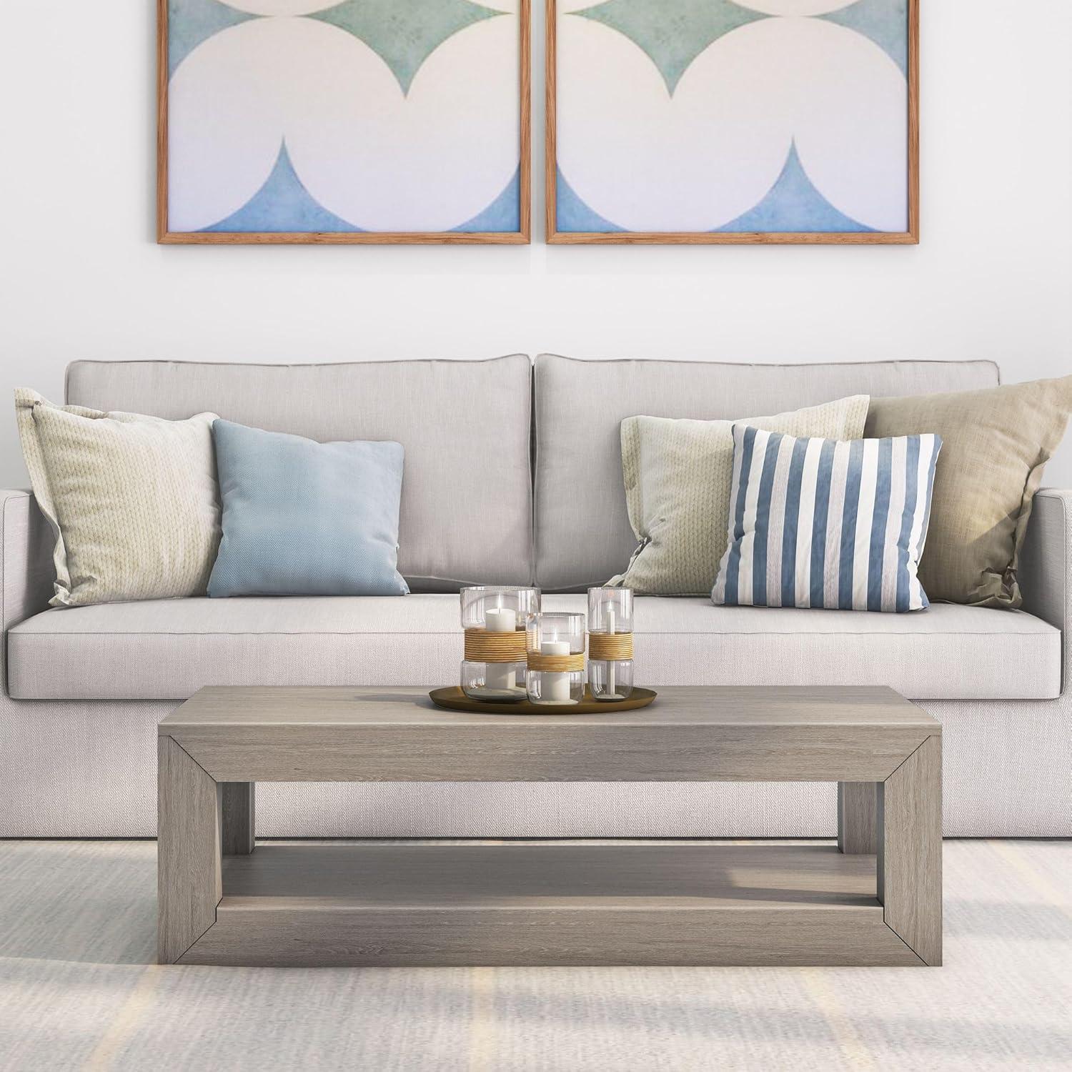 image:imagePlankBeam 40 Modern Rectangular Coffee Table with Shelf Solid Wood Center Table with Storage 2 Tier Tea Table for Living Room Blonde WirebrushSeashell Wirebrush