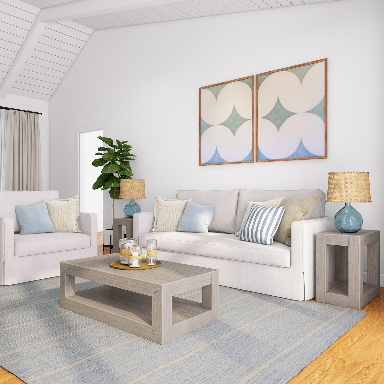 image:imagePlankBeam 40 Modern Rectangular Coffee Table with Shelf Solid Wood Center Table with Storage 2 Tier Tea Table for Living Room Blonde WirebrushSeashell Wirebrush