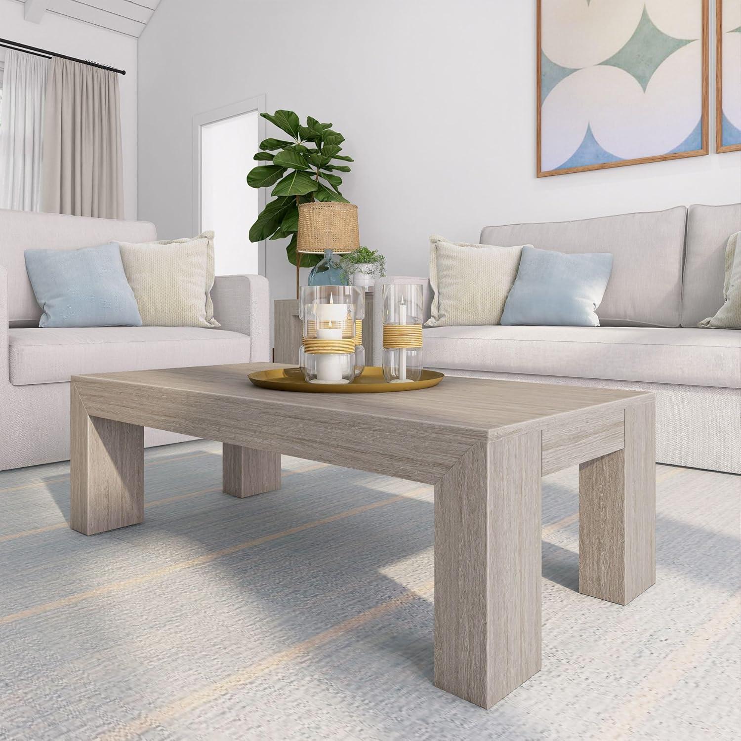 image:imagePlankBeam 40 Modern Rectangular Coffee Table with Shelf Solid Wood Center Table with Storage 2 Tier Tea Table for Living Room Blonde WirebrushSeashell Wirebrush