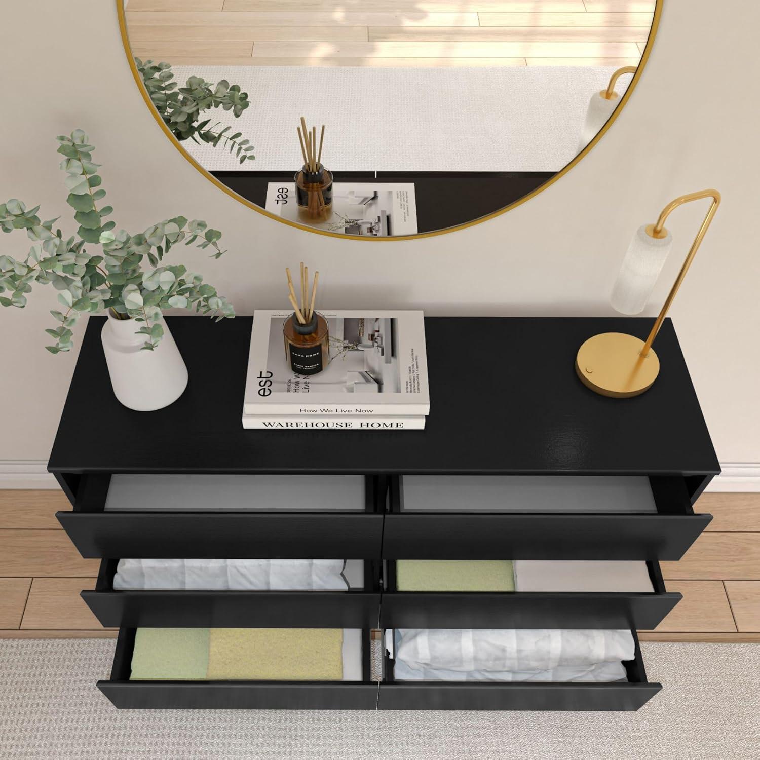image:imagePlankBeam 6 Drawer Dresser Modern Storage Cabinet Solid Wood Storage Drawers Dressers amp Chests of Drawers for Bedroom Living Room Furniture PecanBlack
