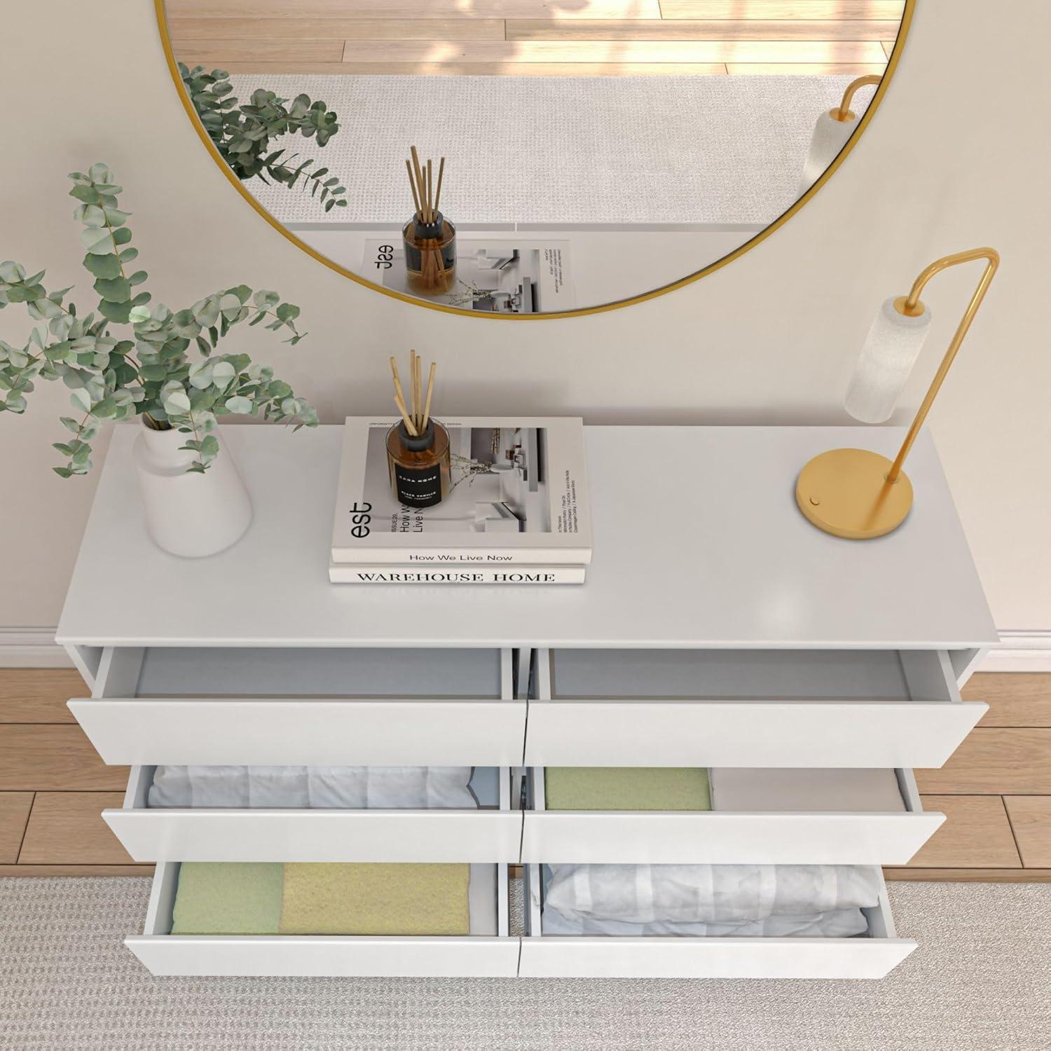 image:imagePlankBeam 6 Drawer Dresser Modern Storage Cabinet Solid Wood Storage Drawers Dressers amp Chests of Drawers for Bedroom Living Room Furniture PecanWhite