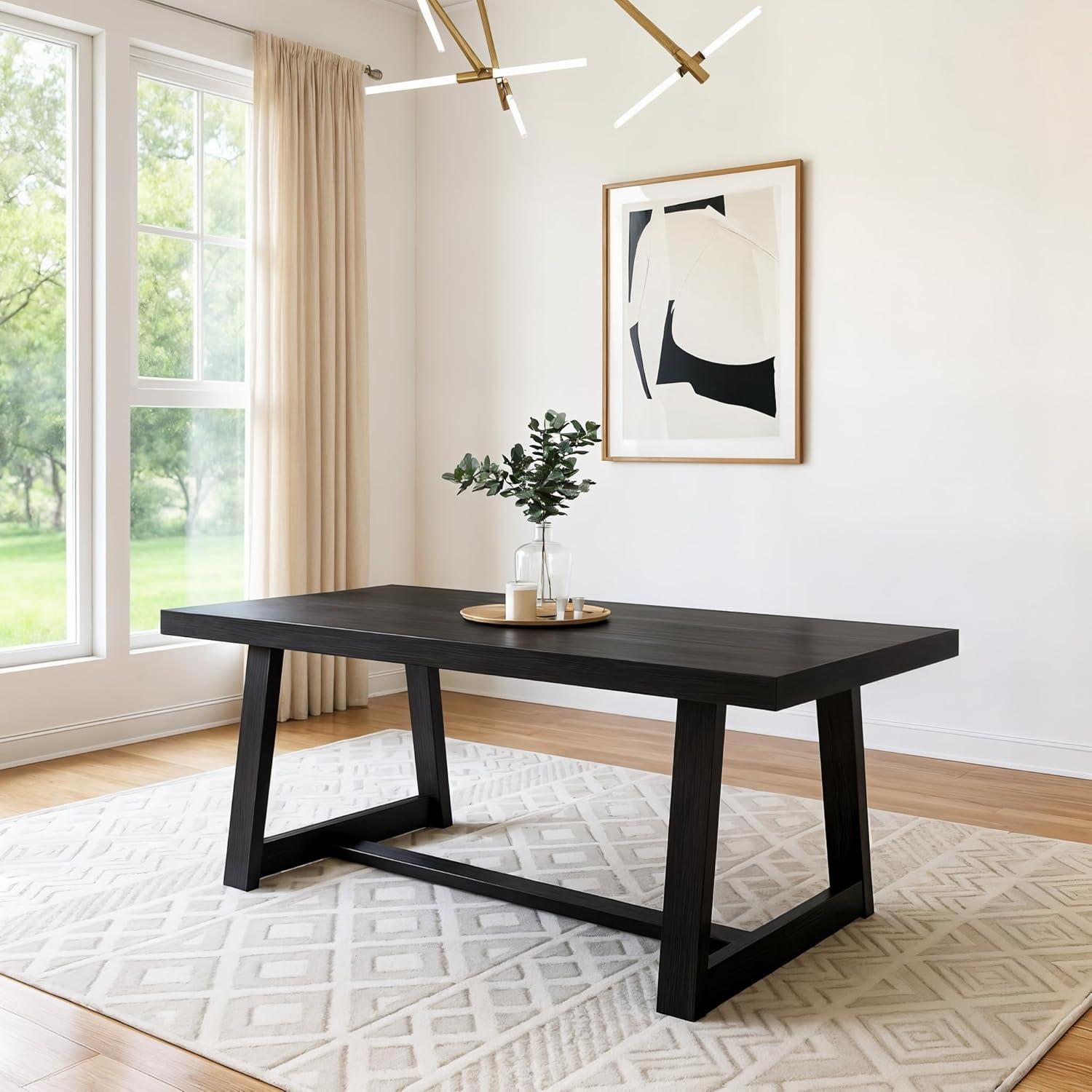 image:imagePlankBeam 72 Inch Farmhouse Dining TableSolid Wood Rustic Kitchen Table for Dining Room Home Office Living Room Furniture Easy Assembly Blonde WirebrushBlack Wirebrush