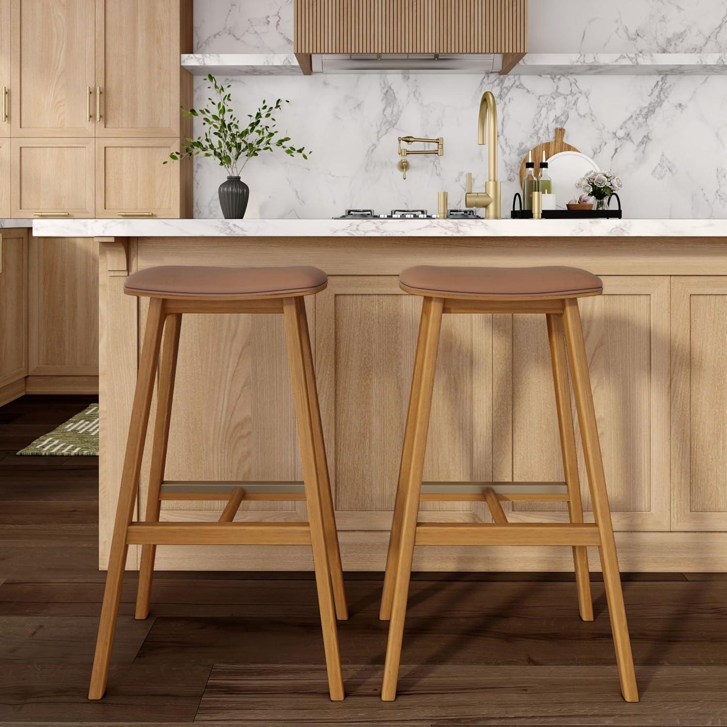 image:imagePlankBeam Beryl Bar Height Stool MidCentury Modern Rubberwood Bar Stool with Faux Leather Seat Metal Footrest Easy Assembly PecanToffeePecanToffee