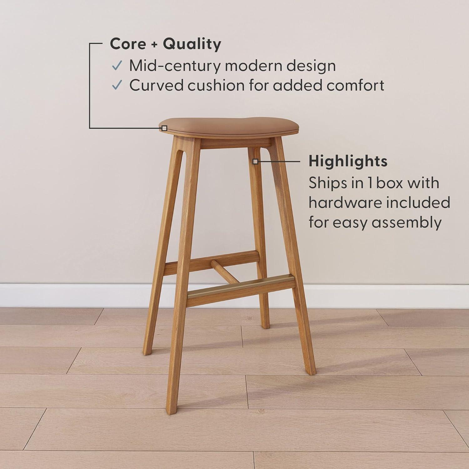 image:imagePlankBeam Beryl Bar Height Stool MidCentury Modern Rubberwood Bar Stool with Faux Leather Seat Metal Footrest Easy Assembly PecanToffeePecanToffee