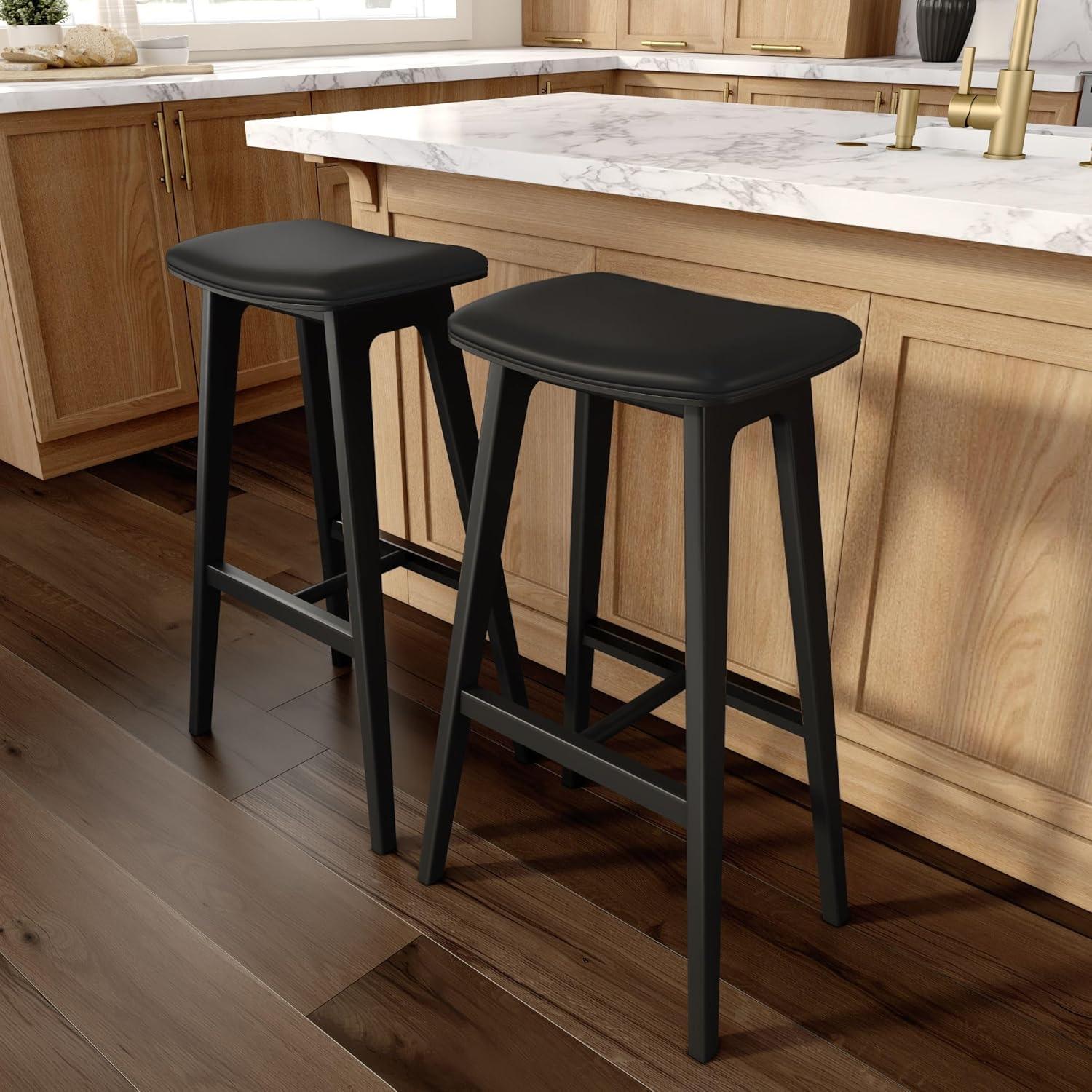 image:imagePlankBeam Beryl Counter Height Stool MidCentury Modern Rubberwood Bar Stool with Faux Leather Seat Metal Footrest Easy Assembly 4Pack BlondeSesameBlackBlack