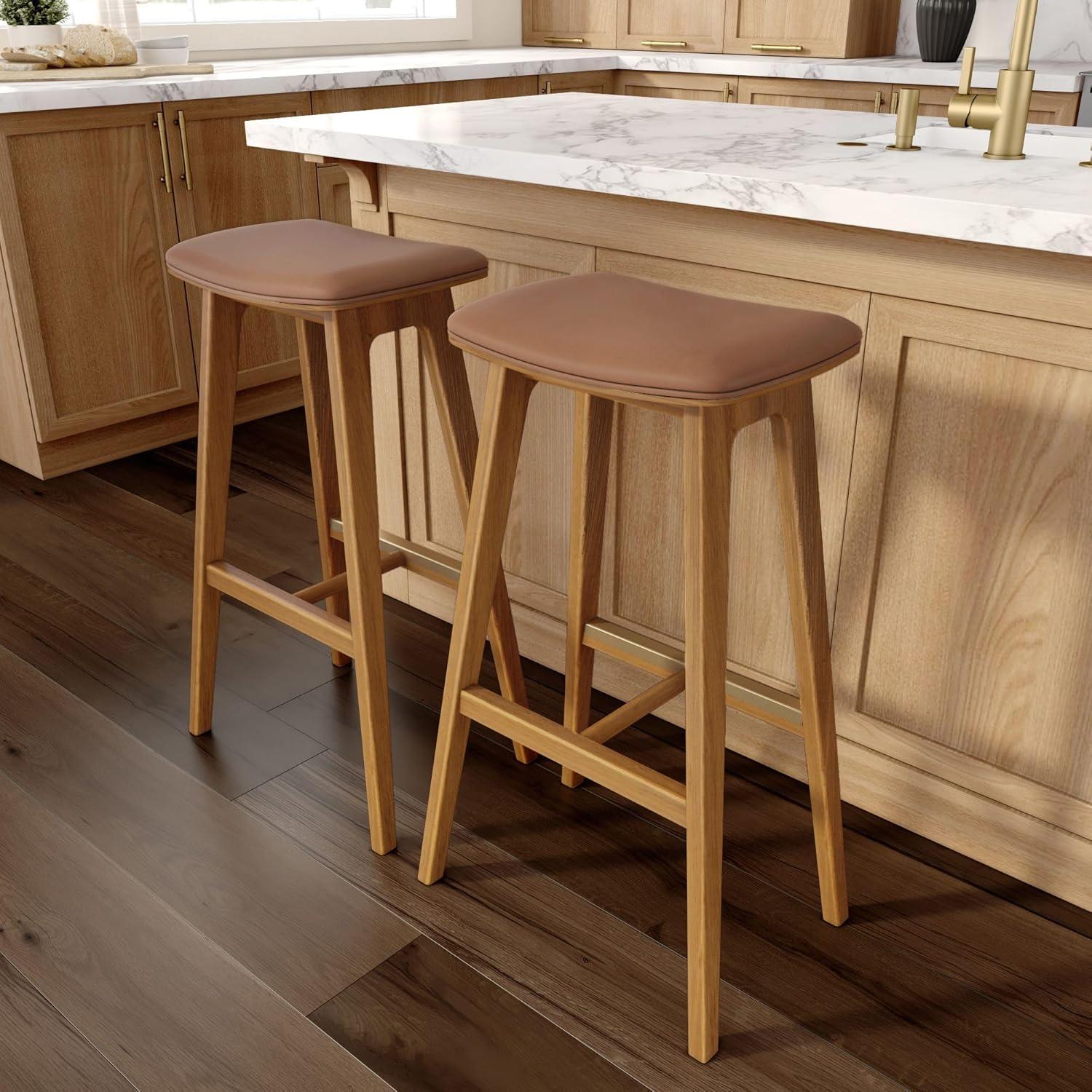 image:imagePlankBeam Beryl Counter Height Stool MidCentury Modern Rubberwood Bar Stool with Faux Leather Seat Metal Footrest Easy Assembly 4Pack BlondeSesamePecanToffee
