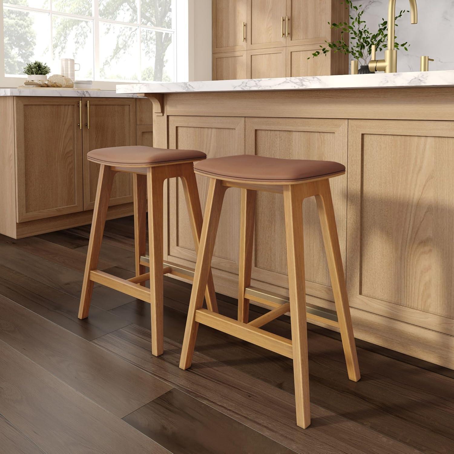 image:imagePlankBeam Beryl Counter Height Stool MidCentury Modern Rubberwood Bar Stool with Faux Leather Seat Metal Footrest Easy Assembly 4Pack BlondeSesamePecanToffee
