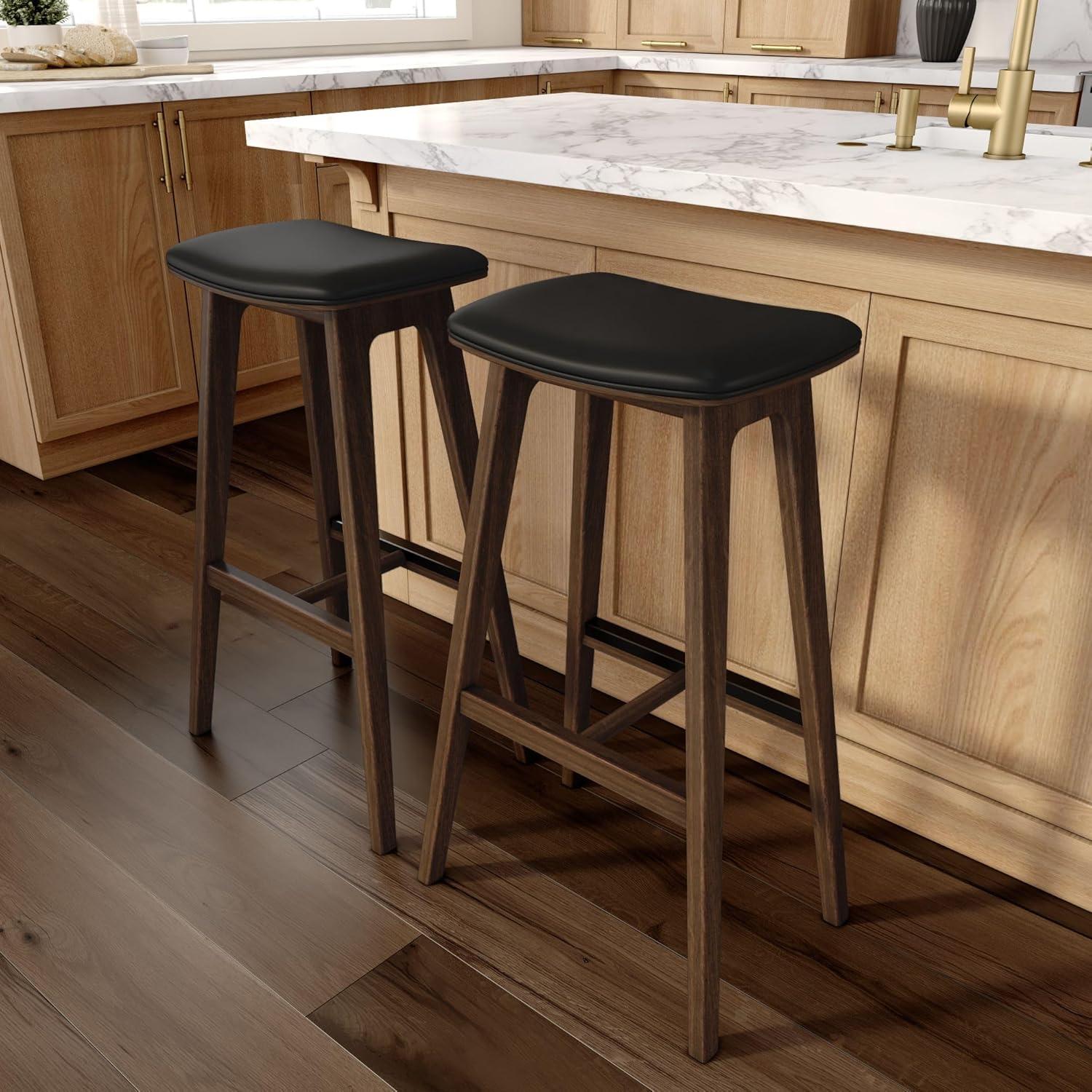 image:imagePlankBeam Beryl Counter Height Stool MidCentury Modern Rubberwood Bar Stool with Faux Leather Seat Metal Footrest Easy Assembly 4Pack BlondeSesameWalnutBlack
