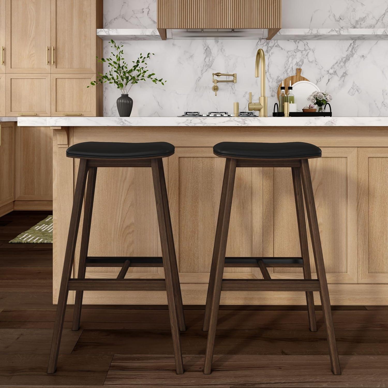 image:imagePlankBeam Beryl Counter Height Stool MidCentury Modern Rubberwood Bar Stool with Faux Leather Seat Metal Footrest Easy Assembly 4Pack BlondeSesameWalnutBlack