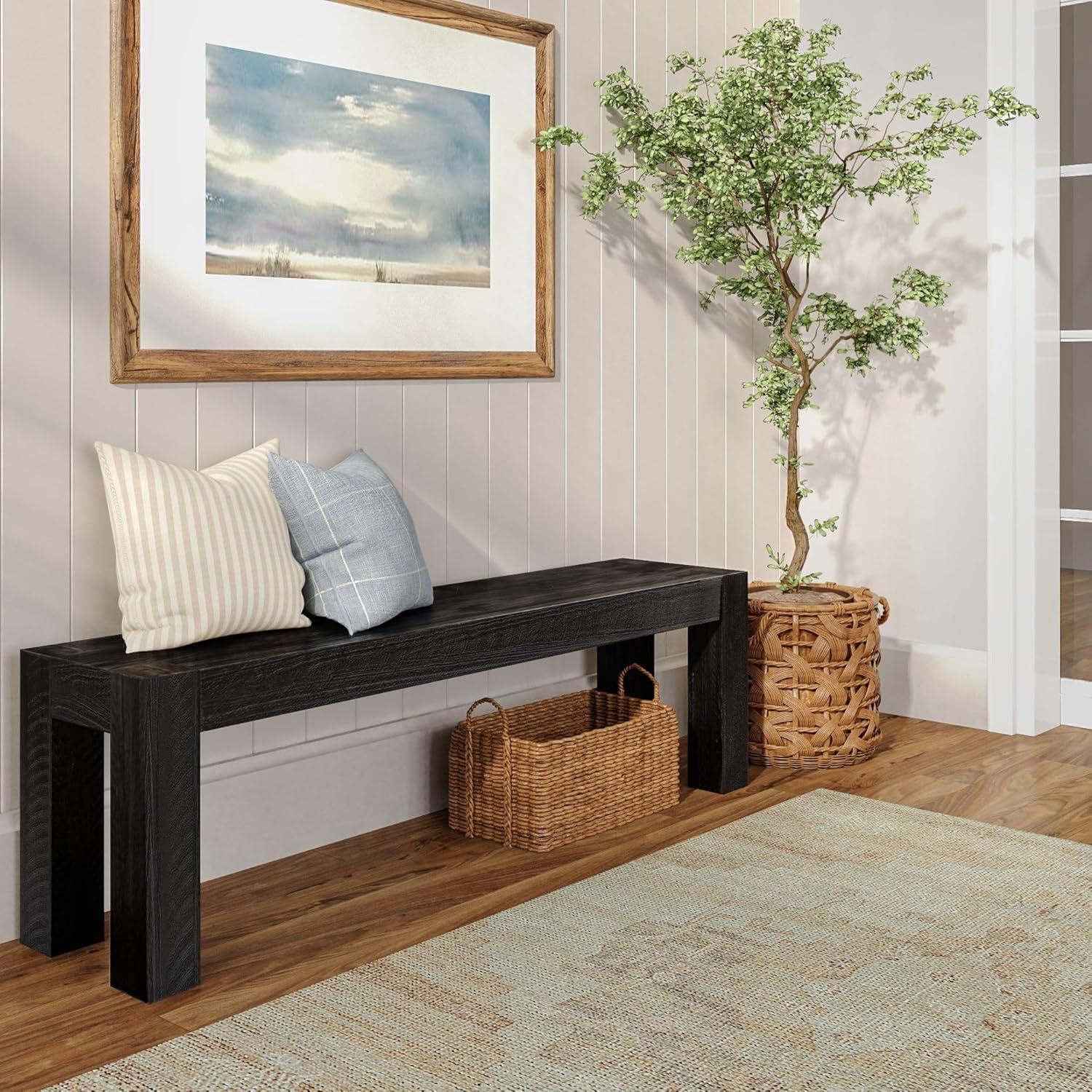 image:imagePlankBeam Camden Farmhouse Dining Bench 58 Solid Wood Dining Bench Rustic Bench for Dining Table and Kitchen Natural Wood Grain Rustic BarnwoodRustic Char