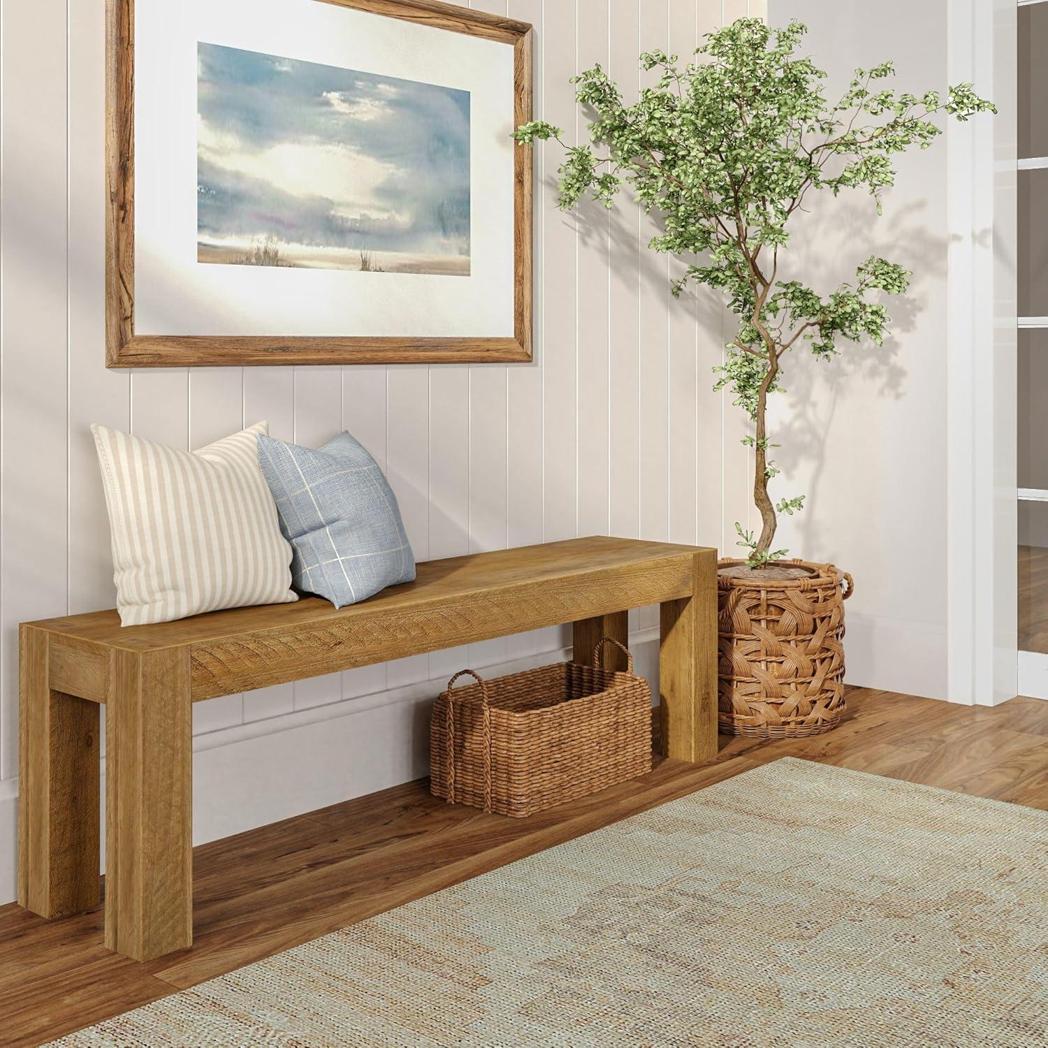 image:imagePlankBeam Camden Farmhouse Dining Bench 58 Solid Wood Dining Bench Rustic Bench for Dining Table and Kitchen Natural Wood Grain Rustic CharRustic Honey