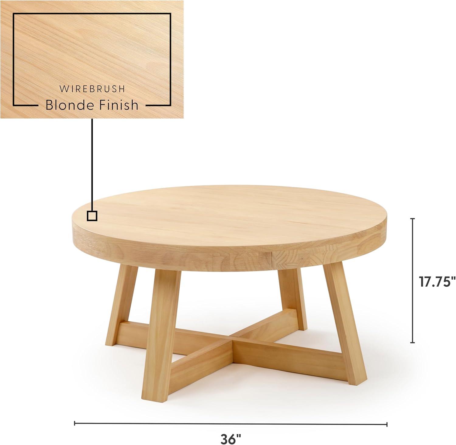 image:imagePlankBeam Classic Round Coffee Table 30 Inch Farmhouse Coffee Table Rustic Mini Center Tables for Small Spaces Small Living Space Tea Table Blonde WirebrushBlonde Wirebrush