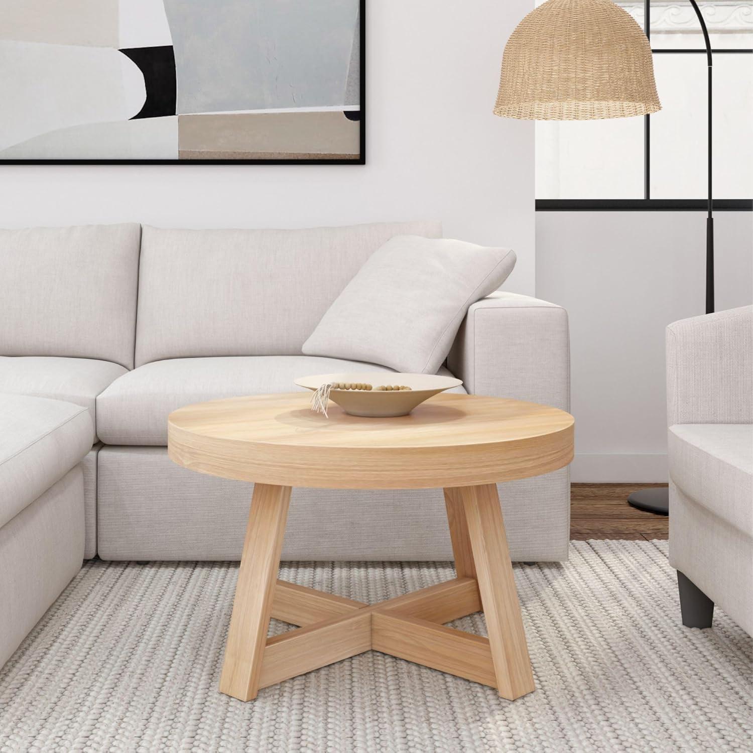 image:imagePlankBeam Classic Round Coffee Table 30 Inch Farmhouse Coffee Table Rustic Mini Center Tables for Small Spaces Small Living Space Tea Table Blonde WirebrushBlonde Wirebrush