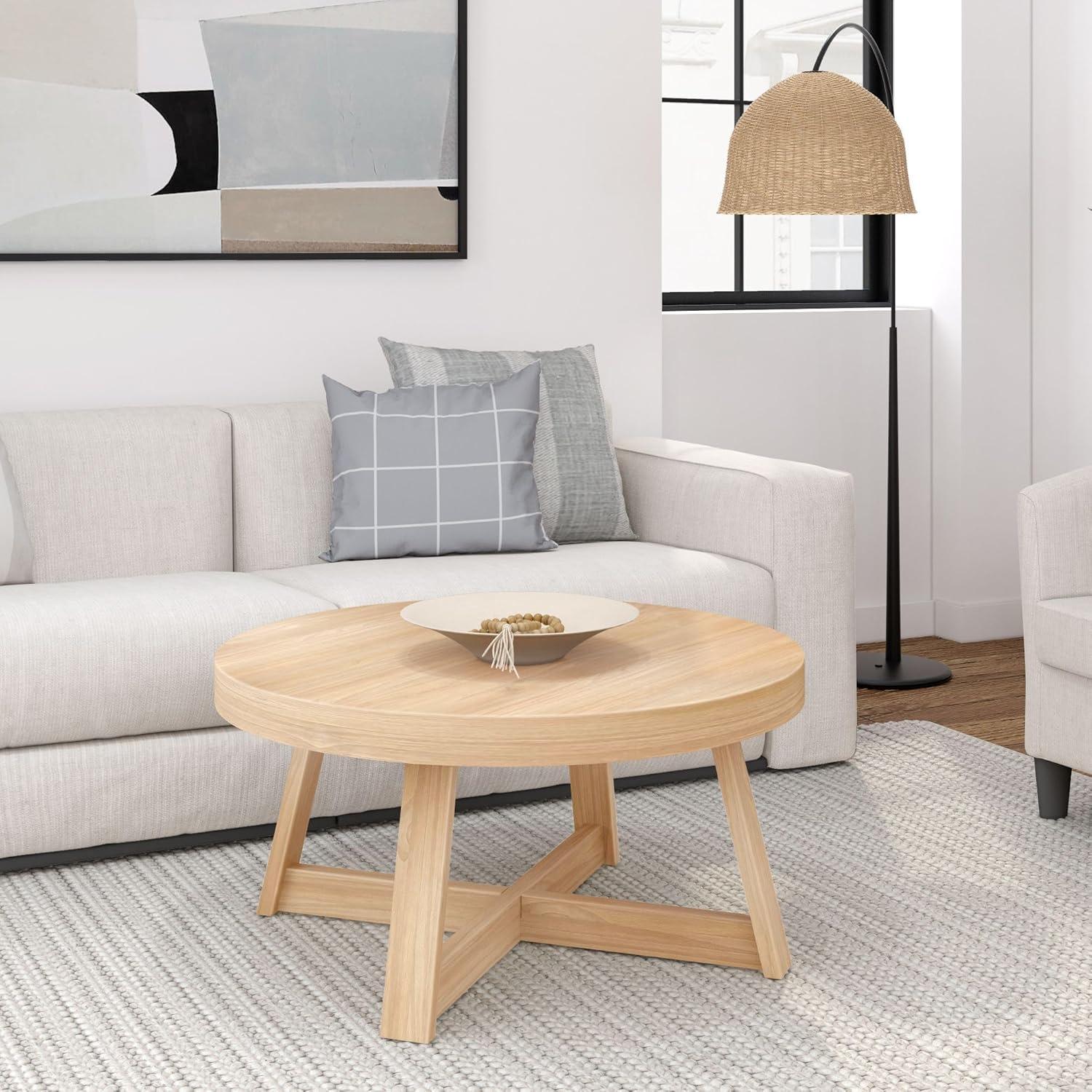 image:imagePlankBeam Classic Round Coffee Table 30 Inch Farmhouse Coffee Table Rustic Mini Center Tables for Small Spaces Small Living Space Tea Table Blonde WirebrushBlonde Wirebrush
