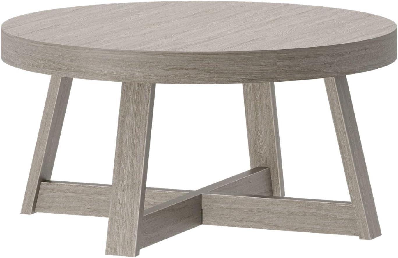 image:imagePlankBeam Classic Round Coffee Table 30 Inch Farmhouse Coffee Table Rustic Mini Center Tables for Small Spaces Small Living Space Tea Table Blonde WirebrushSeashell Wirebrush