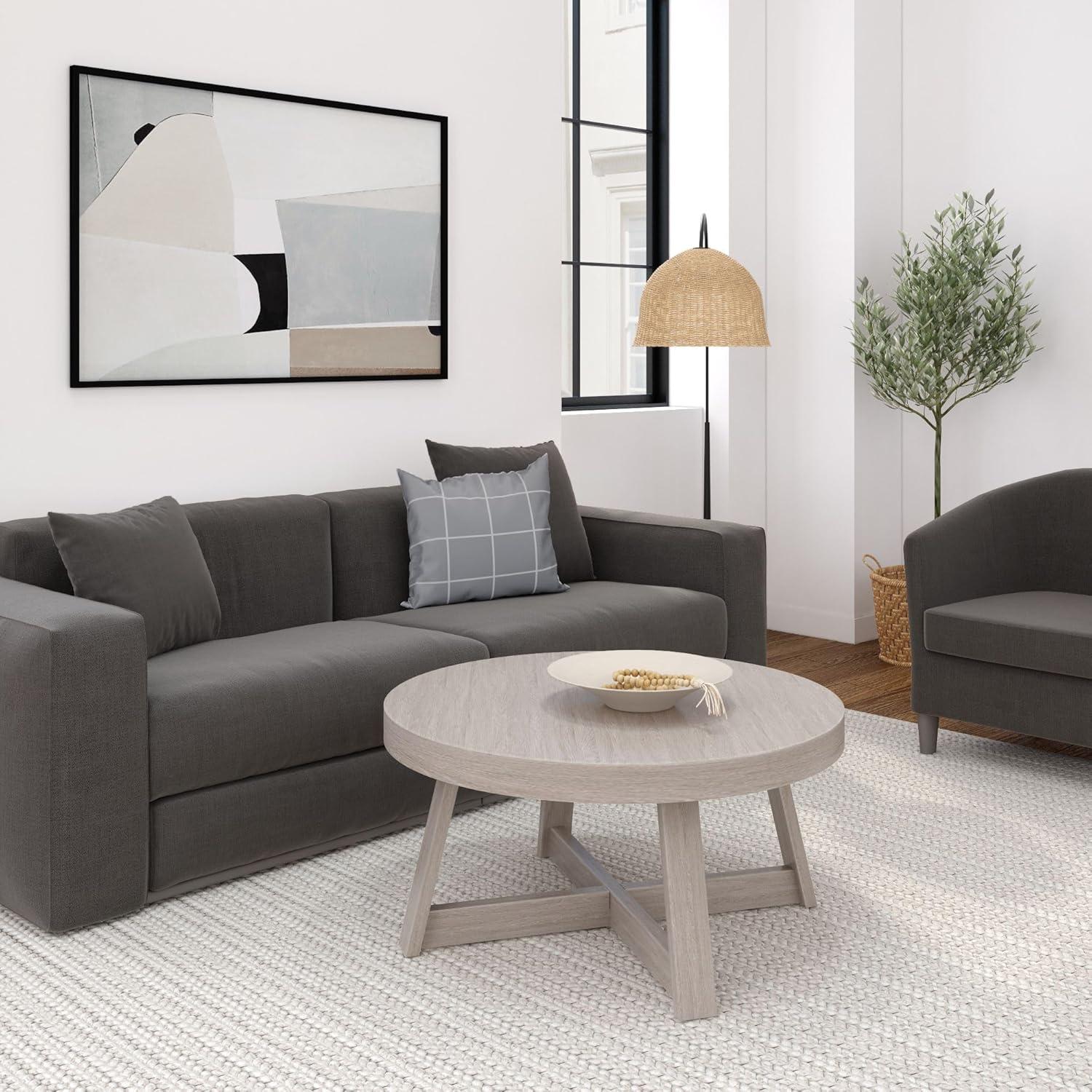 image:imagePlankBeam Classic Round Coffee Table 30 Inch Farmhouse Coffee Table Rustic Mini Center Tables for Small Spaces Small Living Space Tea Table Blonde WirebrushSeashell Wirebrush