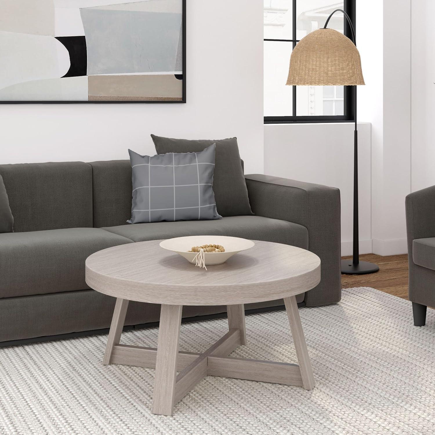 image:imagePlankBeam Classic Round Coffee Table 30 Inch Farmhouse Coffee Table Rustic Mini Center Tables for Small Spaces Small Living Space Tea Table Blonde WirebrushSeashell Wirebrush