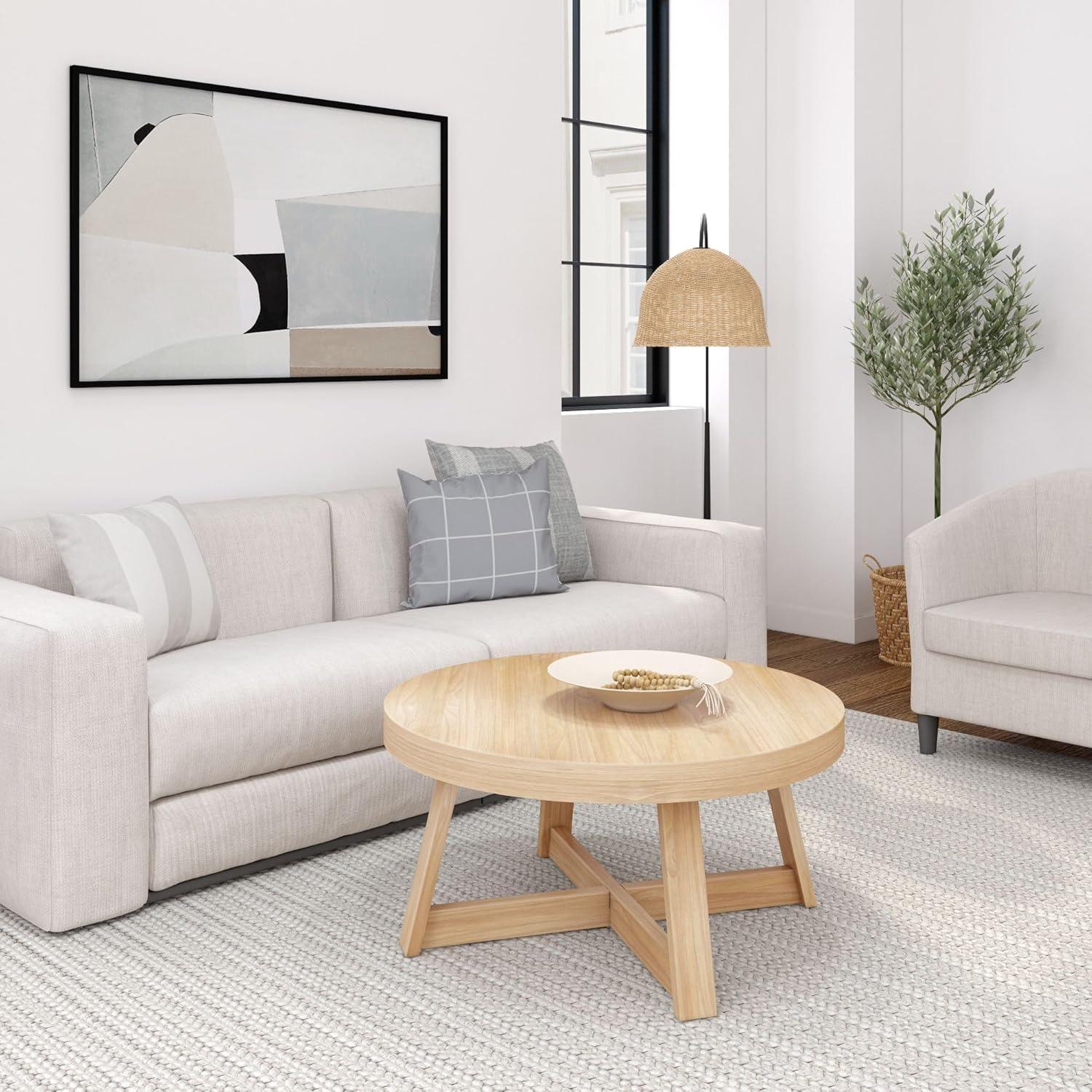 image:imagePlankBeam Classic Round Coffee Table 30 Inch Farmhouse Coffee Table Rustic Mini Center Tables for Small Spaces Small Living Space Tea Table Blonde WirebrushBlonde Wirebrush