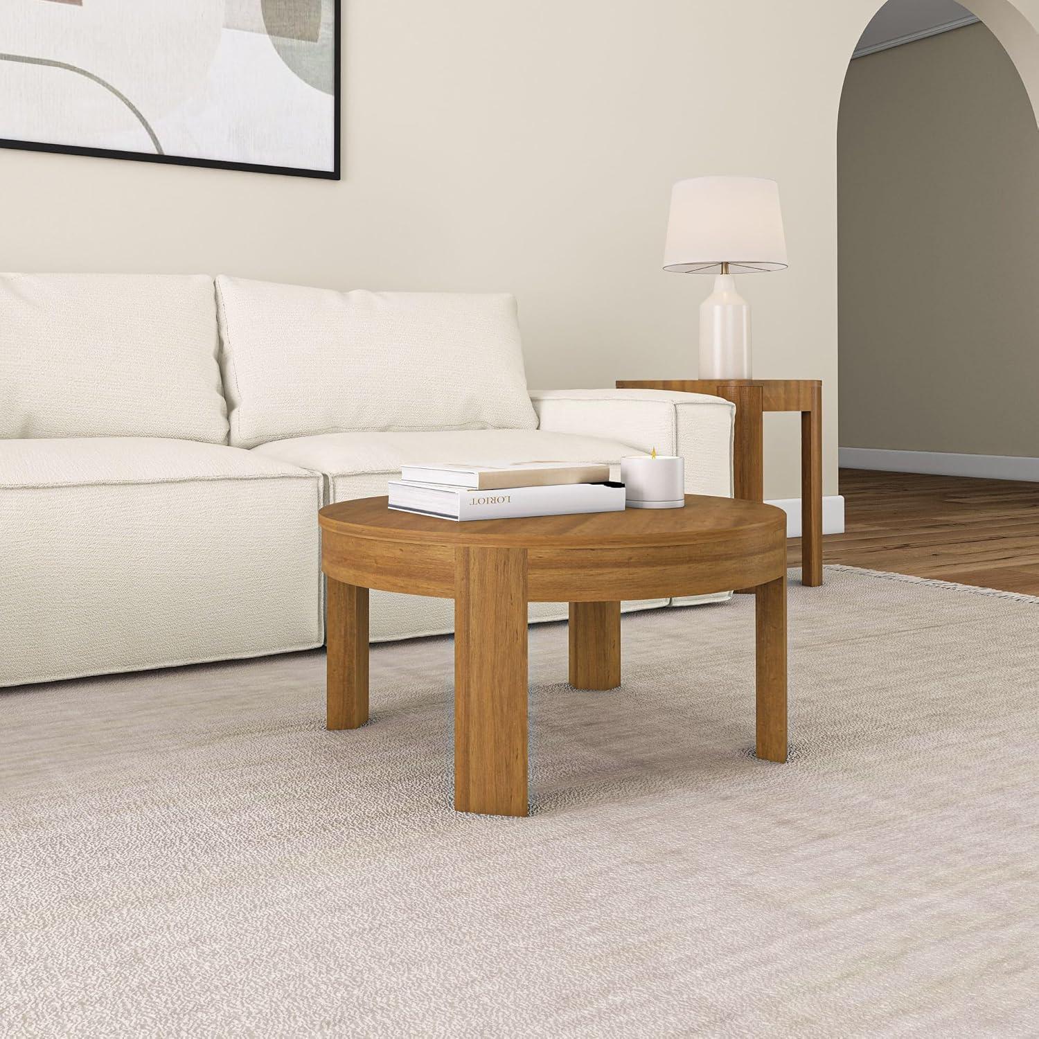 image:imagePlankBeam Contour Round Coffee Table 30 Inch Coffee Table Wood Coffee Tables for Living Room Modern Center Table Occasional Table for Small Spaces PecanPecan
