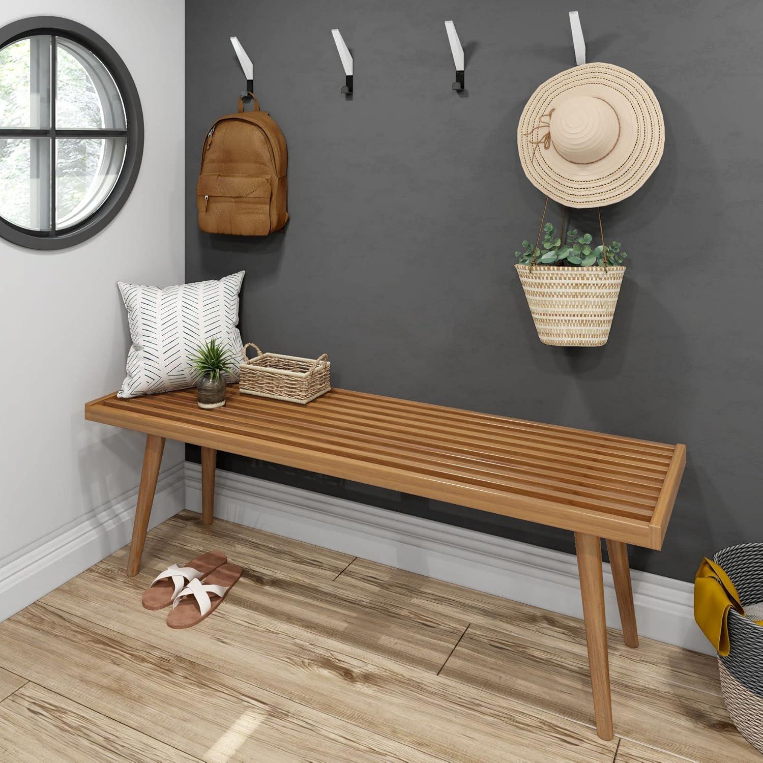 image:imagePlankBeam Entryway Bench Wooden End of Bed Bench for Bedroom MidCentury Modern Square Bench for Hallway Living Room Indoor Porch 4125 WalnutPecan