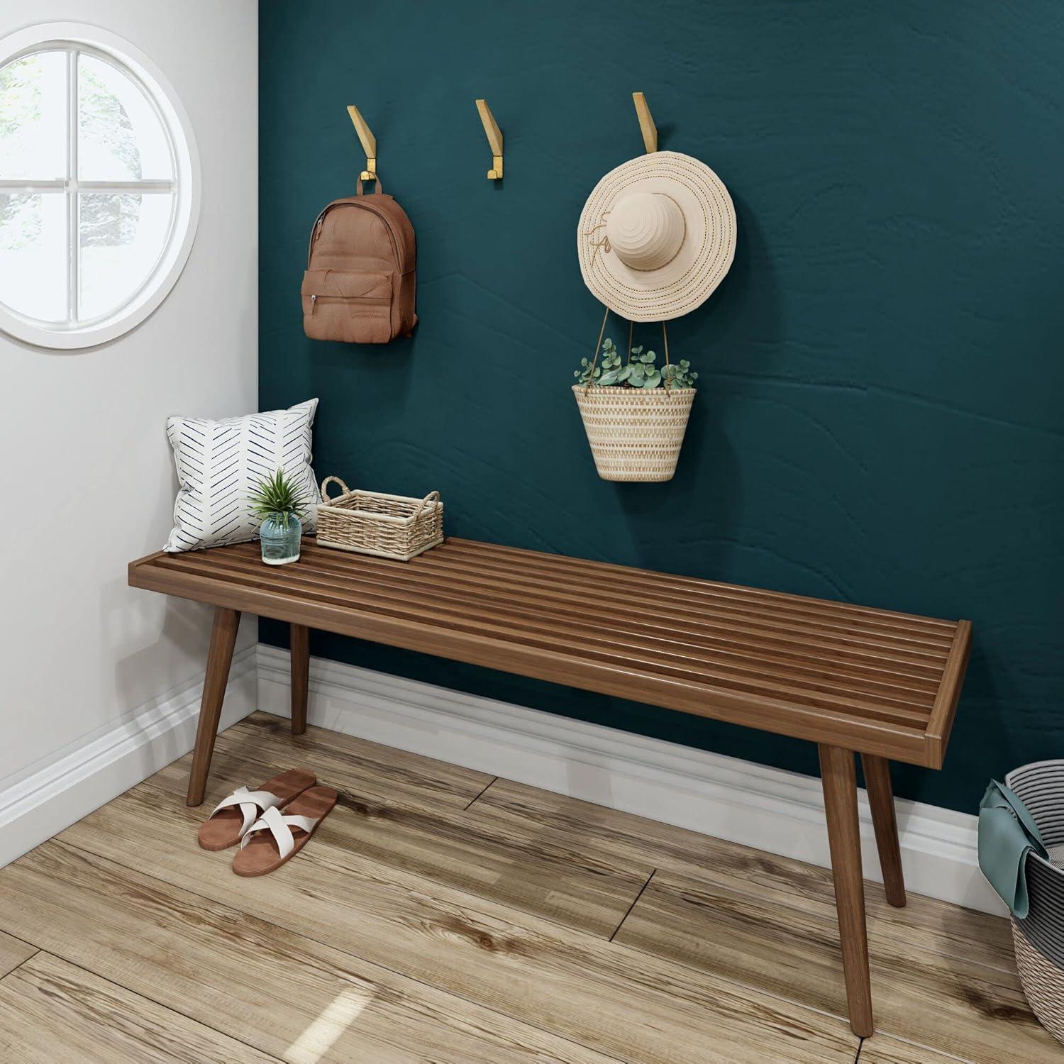 image:imagePlankBeam Entryway Bench Wooden End of Bed Bench for Bedroom MidCentury Modern Square Bench for Hallway Living Room Indoor Porch 4125 WalnutWalnut