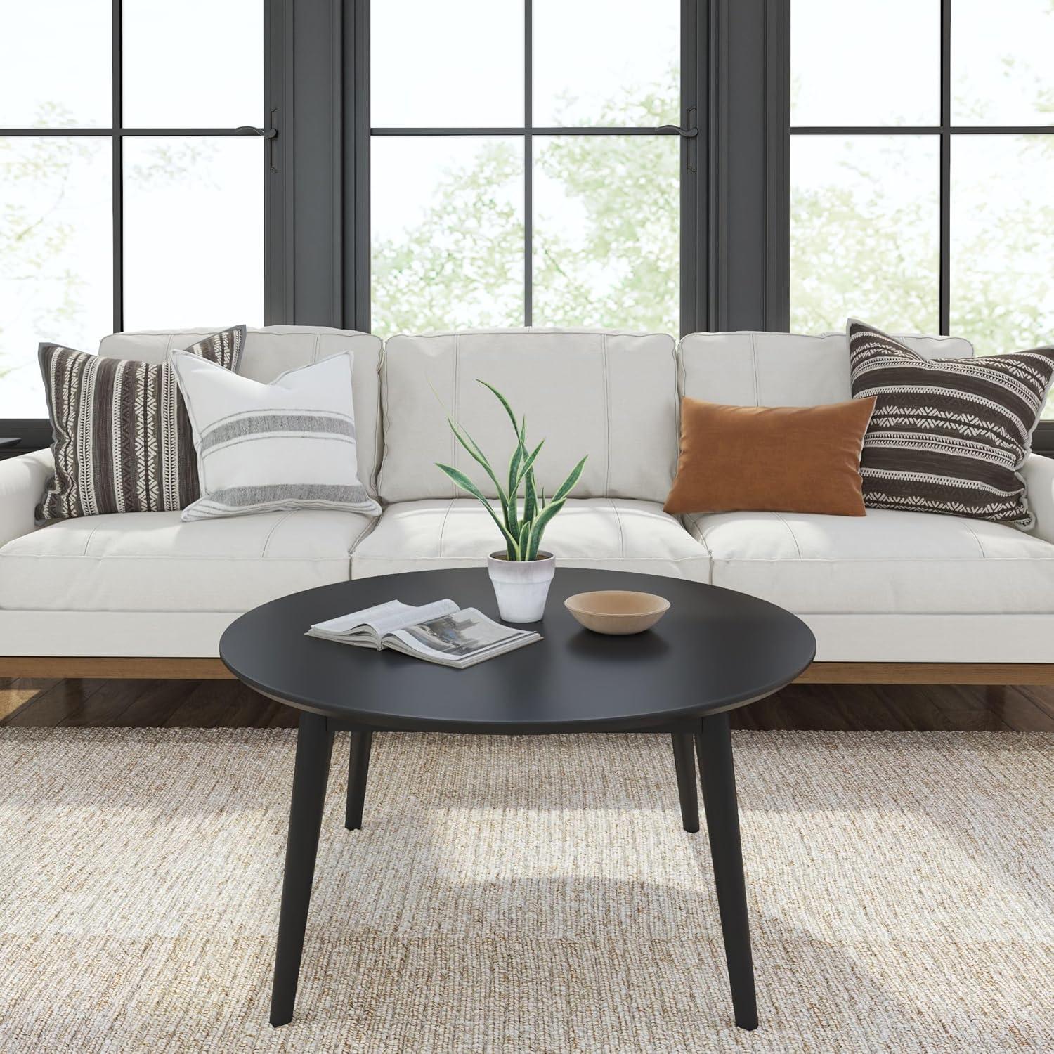 image:imagePlankBeam Mid Century Modern Coffee Table 36 Inch Wood Coffee Tables for Living Room Round Center Table Cocktail Table for Small Spaces BlackBlack