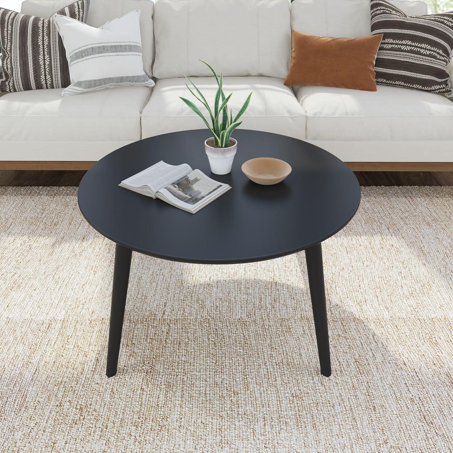 image:imagePlankBeam Mid Century Modern Coffee Table 36 Inch Wood Coffee Tables for Living Room Round Center Table Cocktail Table for Small Spaces BlackBlack