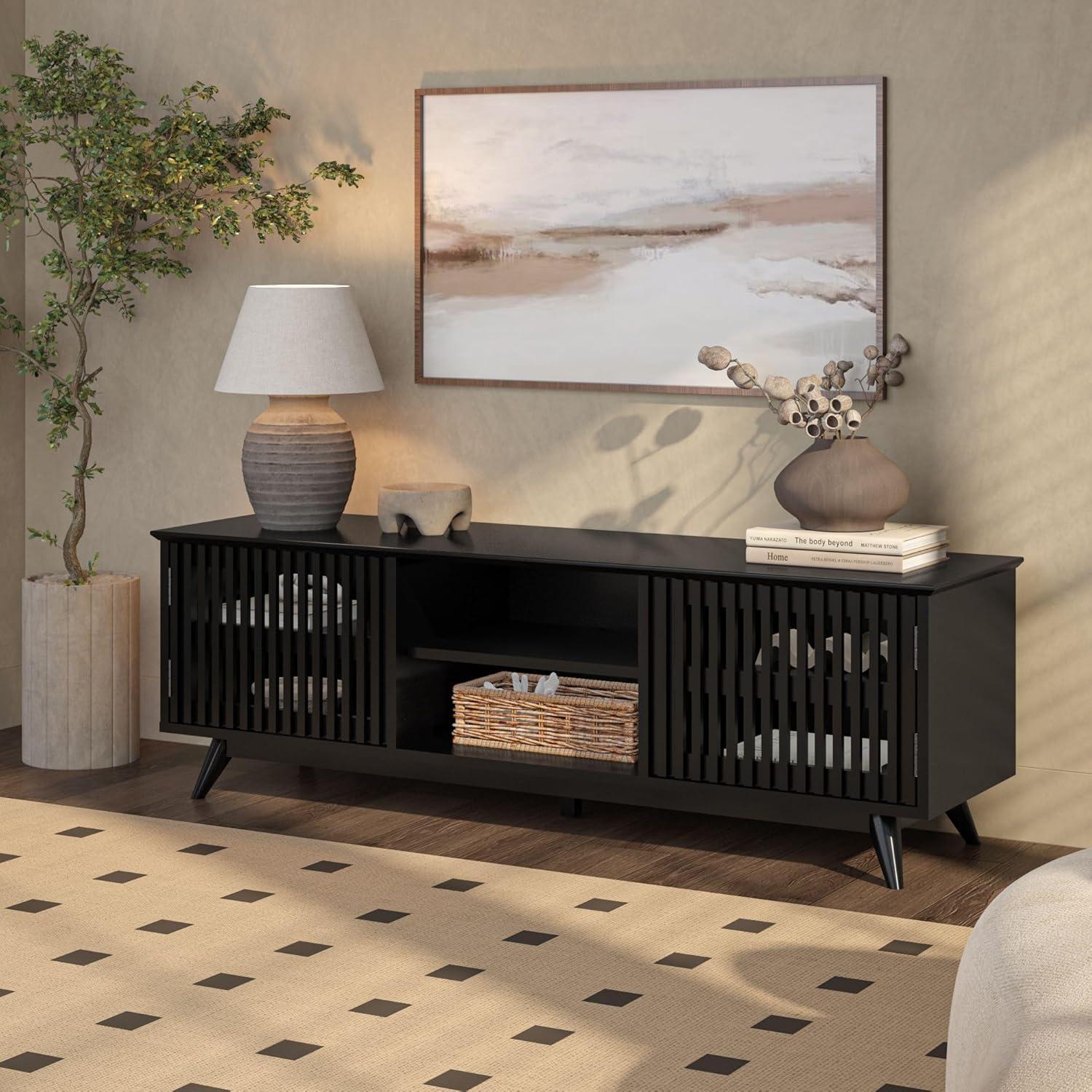 image:imagePlankBeam MidCentury Modern Wood TV Stand Solid Wood Entertainment Console with Storage 59 L x 16 W x 19 H BlackBlack