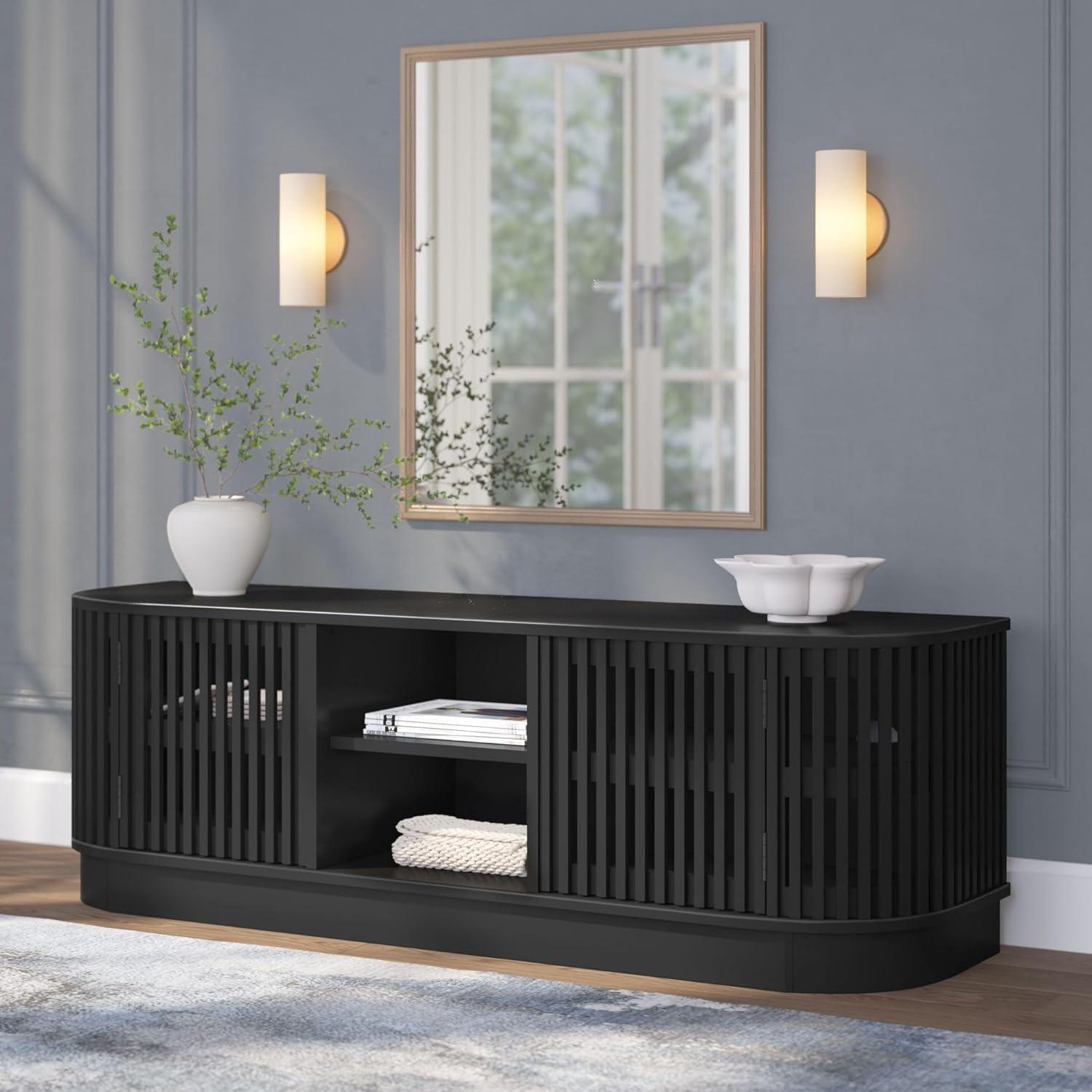 image:imagePlankBeam MidCentury Modern Wood TV Stand Solid Wood Entertainment Console with Storage 59 L x 16 W x 19 H BlackBlack