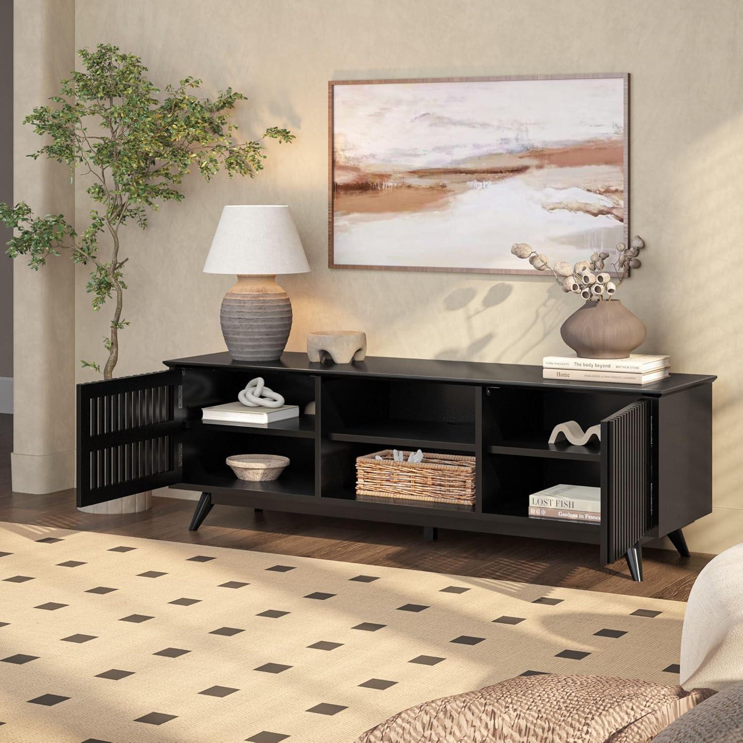 image:imagePlankBeam MidCentury Modern Wood TV Stand Solid Wood Entertainment Console with Storage 59 L x 16 W x 19 H BlackBlack