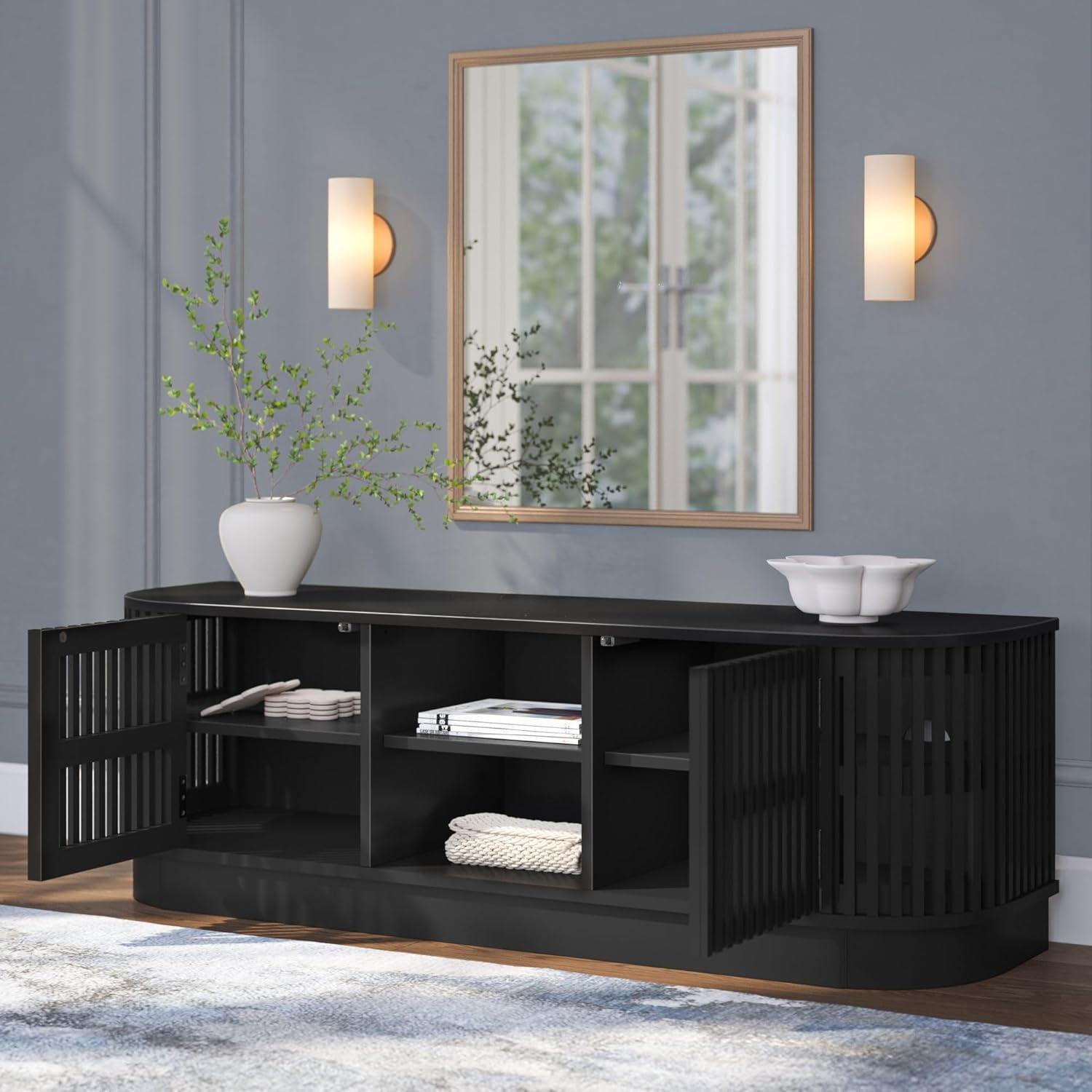 image:imagePlankBeam MidCentury Modern Wood TV Stand Solid Wood Entertainment Console with Storage 59 L x 16 W x 19 H BlackBlack