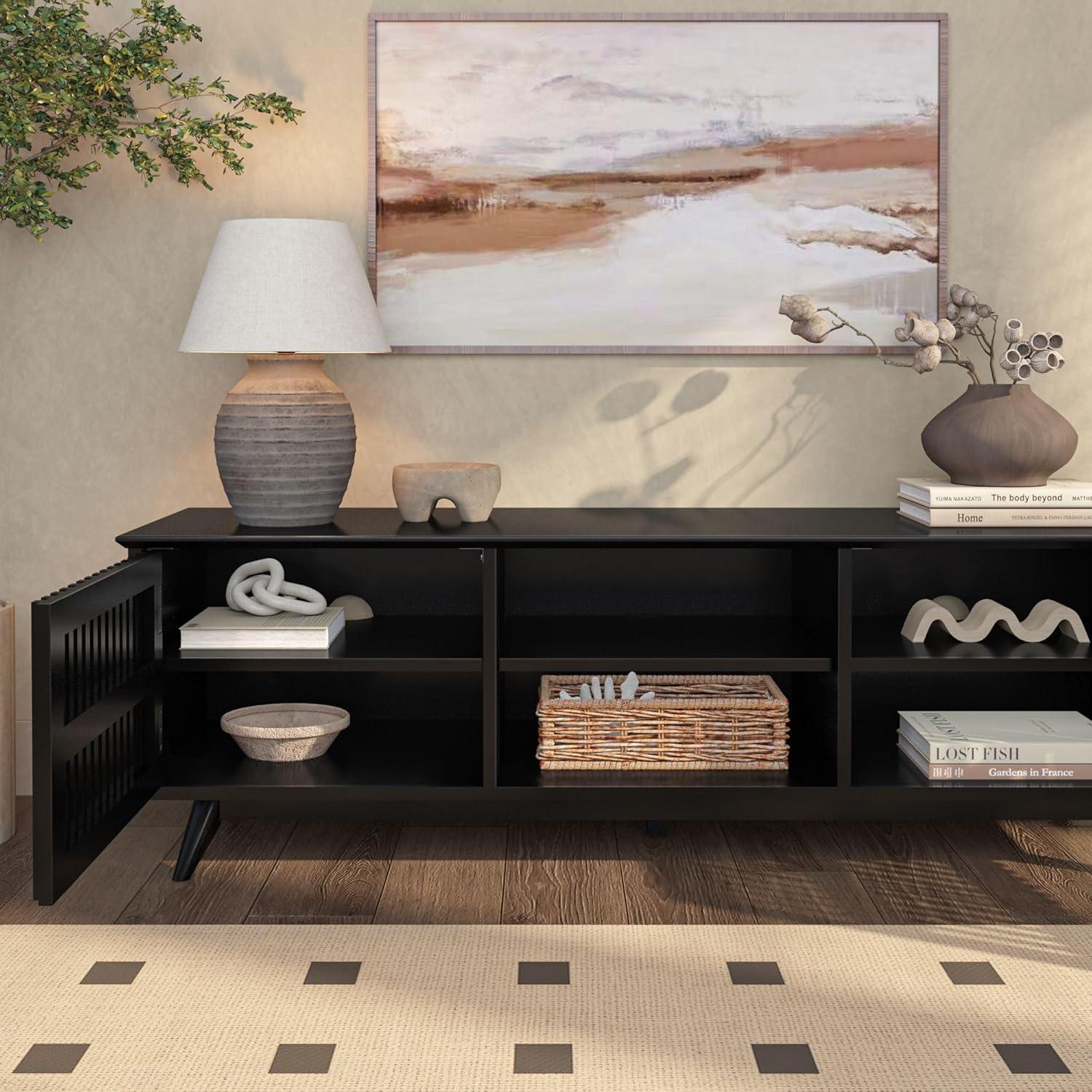image:imagePlankBeam MidCentury Modern Wood TV Stand Solid Wood Entertainment Console with Storage 59 L x 16 W x 19 H BlackBlack