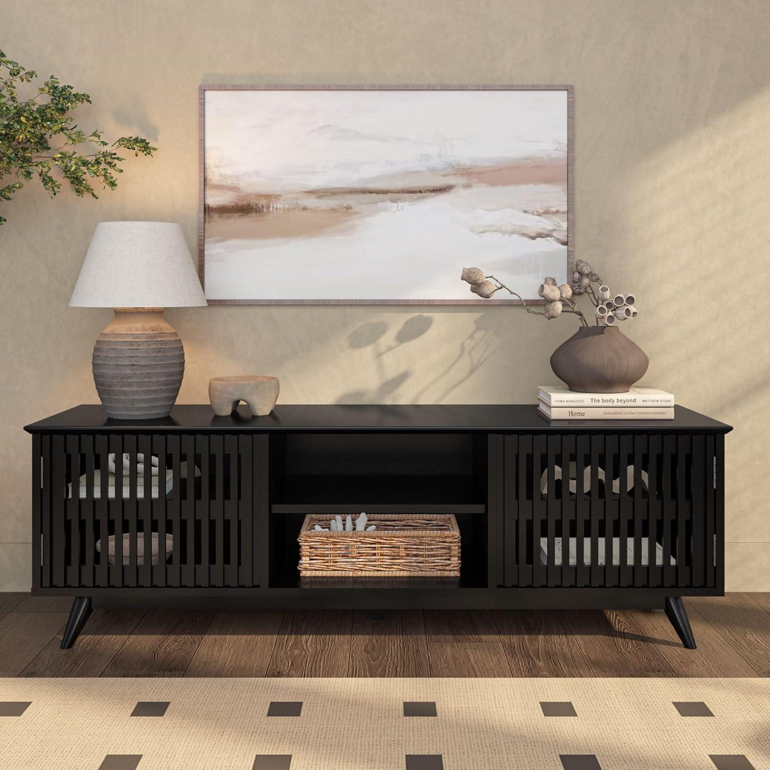 image:imagePlankBeam MidCentury Modern Wood TV Stand Solid Wood Entertainment Console with Storage 59 L x 16 W x 19 H BlackBlack