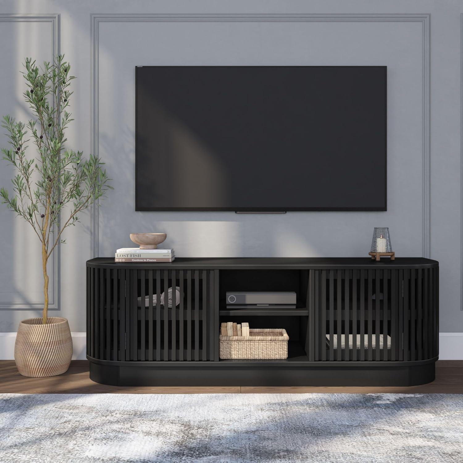 image:imagePlankBeam MidCentury Modern Wood TV Stand Solid Wood Entertainment Console with Storage 59 L x 16 W x 19 H BlackBlack