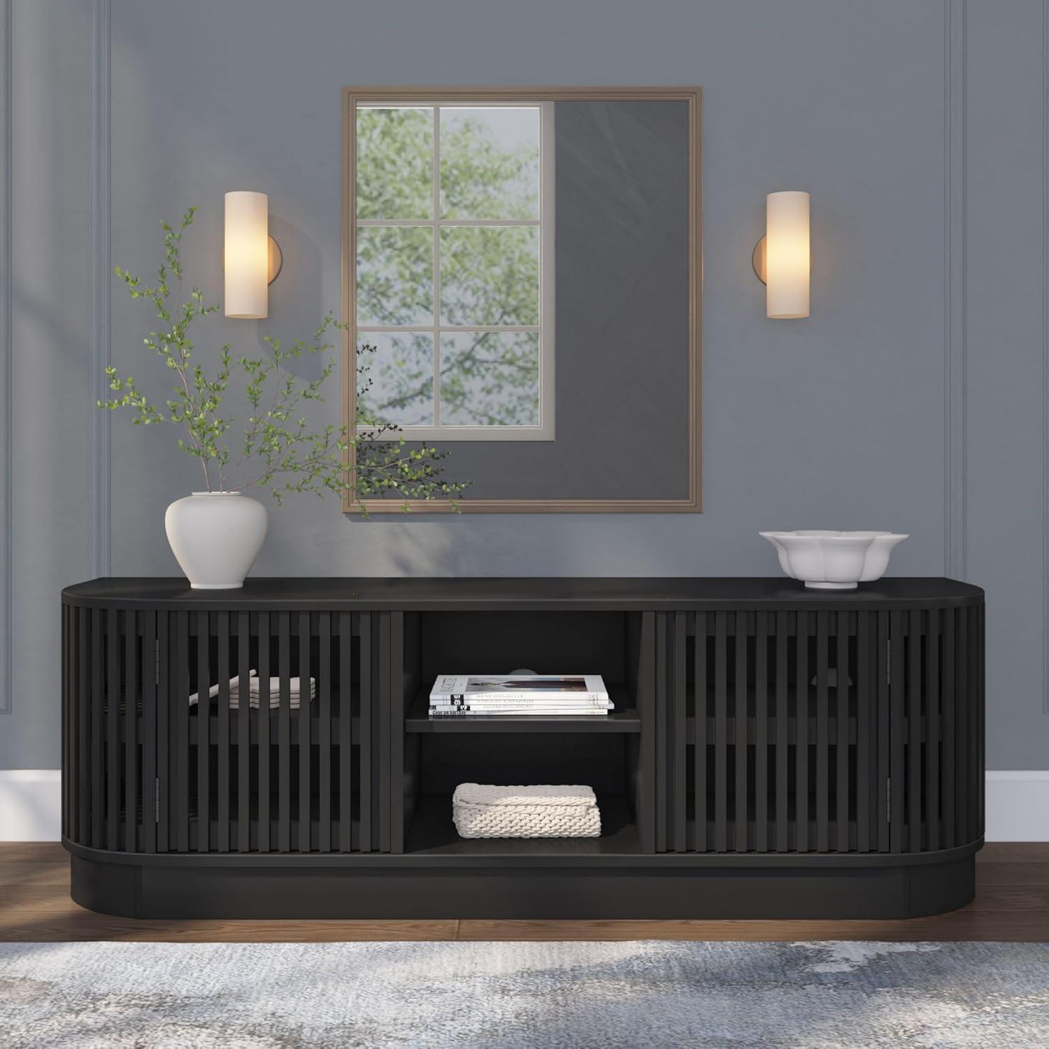 image:imagePlankBeam MidCentury Modern Wood TV Stand Solid Wood Entertainment Console with Storage 59 L x 16 W x 19 H BlackBlack