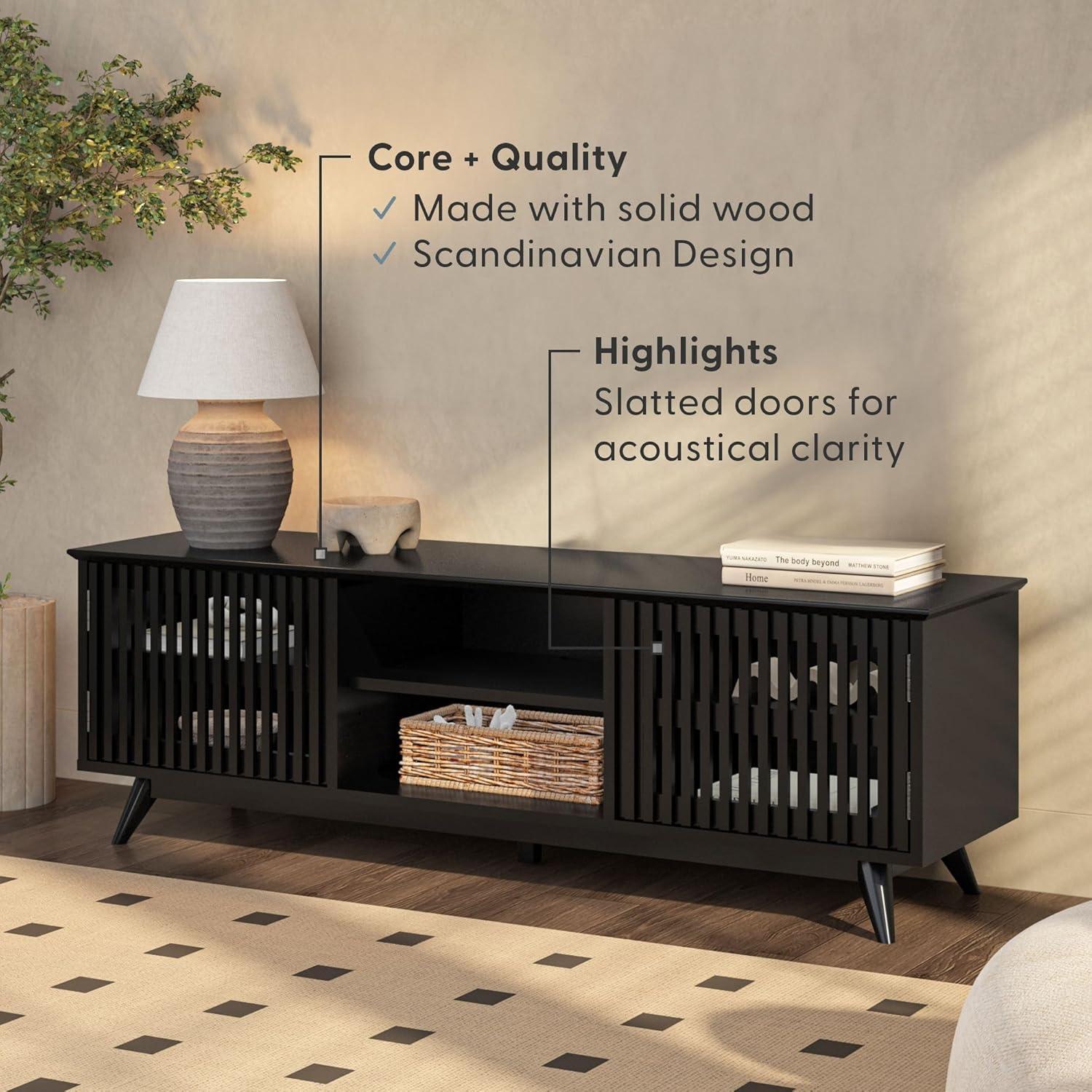 image:imagePlankBeam MidCentury Modern Wood TV Stand Solid Wood Entertainment Console with Storage 59 L x 16 W x 19 H BlackBlack