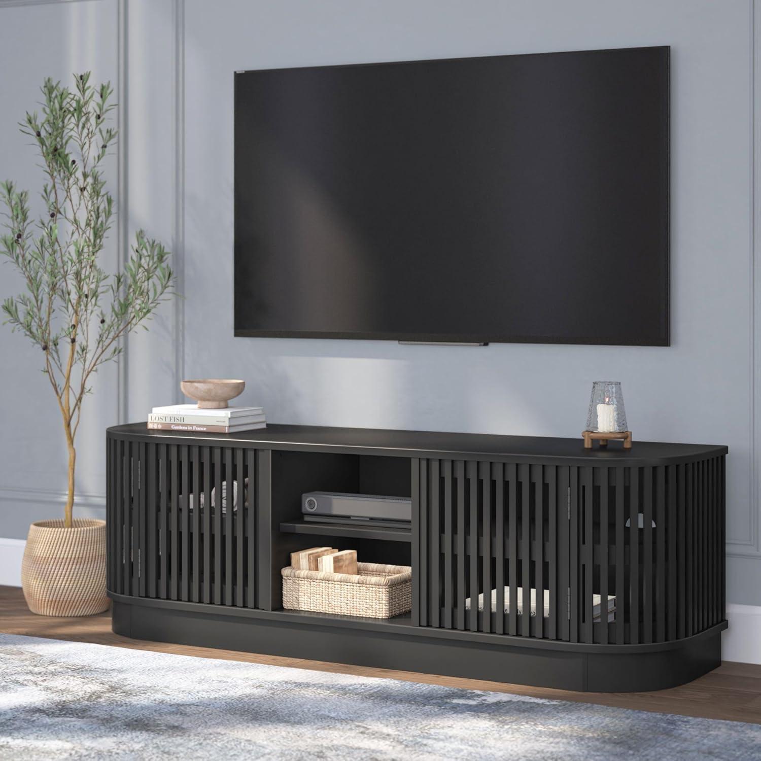 image:imagePlankBeam MidCentury Modern Wood TV Stand Solid Wood Entertainment Console with Storage 59 L x 16 W x 19 H BlackBlack