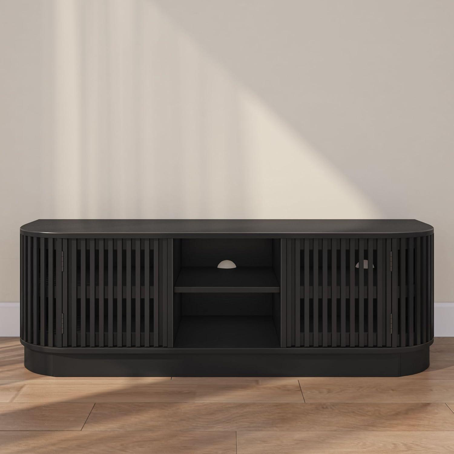 image:imagePlankBeam MidCentury Modern Wood TV Stand Solid Wood Entertainment Console with Storage 59 L x 16 W x 19 H BlackBlack
