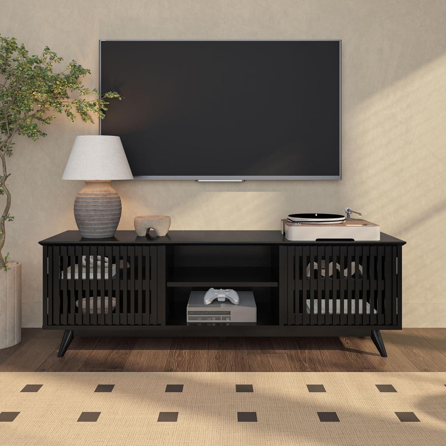 image:imagePlankBeam MidCentury Modern Wood TV Stand Solid Wood Entertainment Console with Storage 59 L x 16 W x 19 H BlackBlack