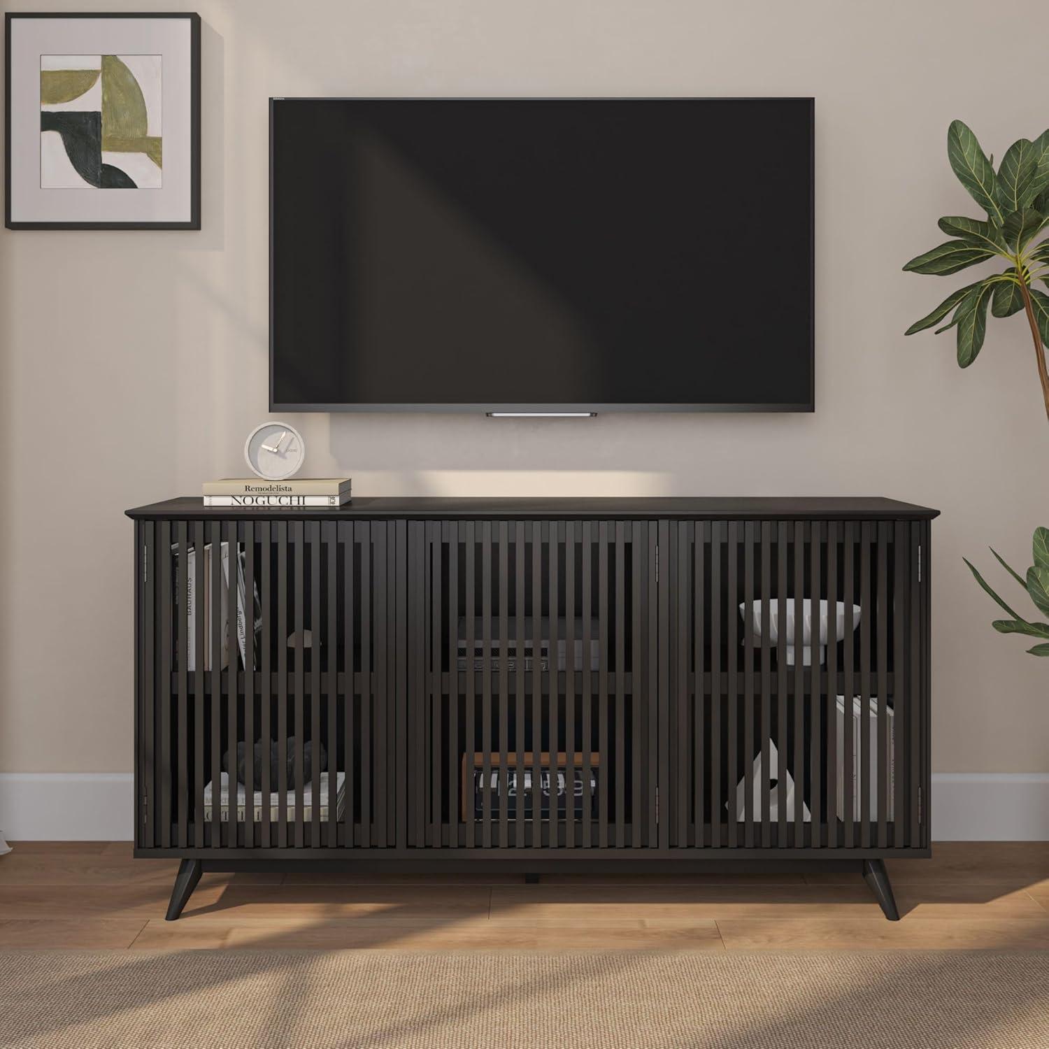image:imagePlankBeam MidCentury Modern Wood TV Stand Solid Wood Entertainment Console with Storage 59 L x 16 W x 30 H WalnutBlack