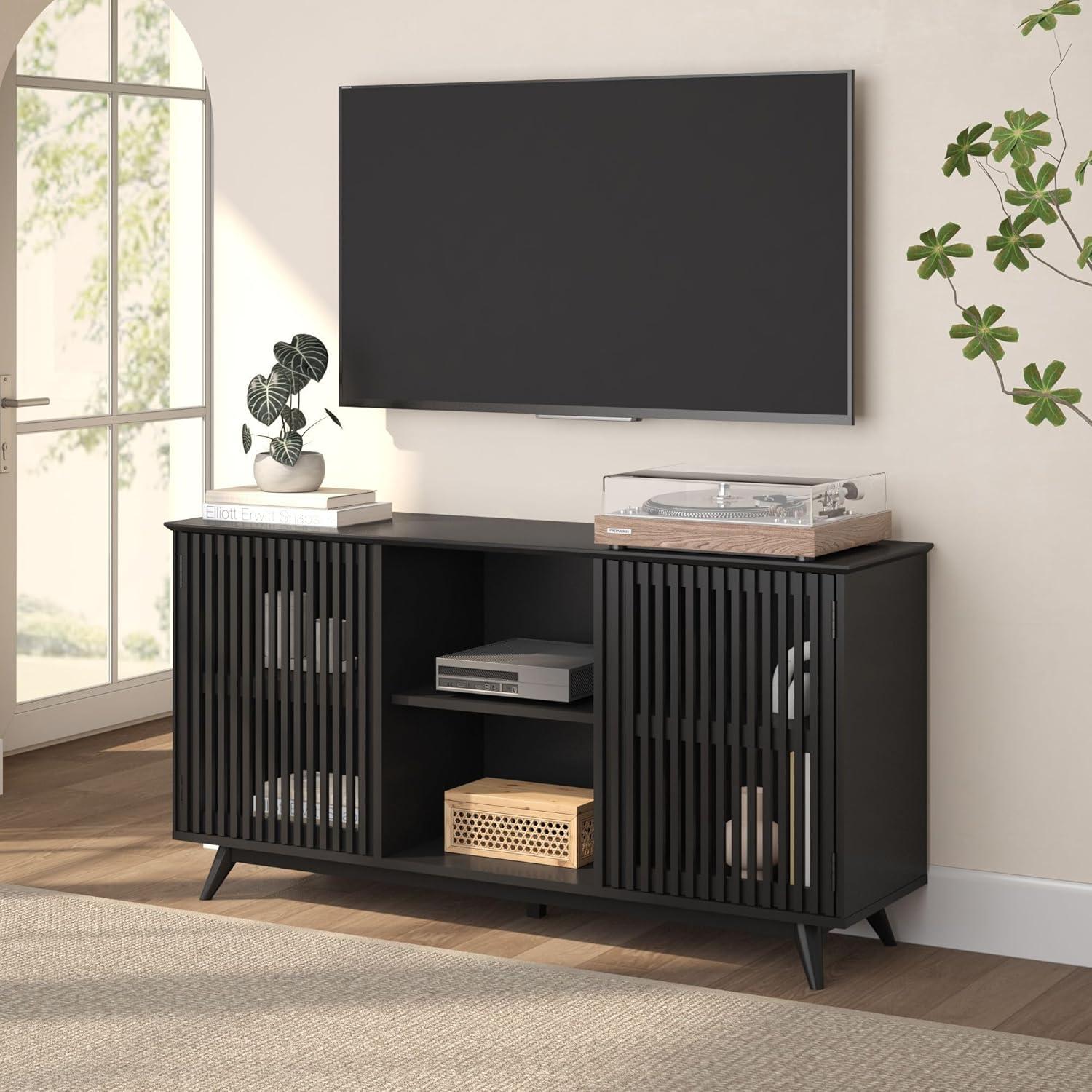 image:imagePlankBeam MidCentury Modern Wood TV Stand Solid Wood Entertainment Console with Storage 59 L x 16 W x 30 H WalnutBlack