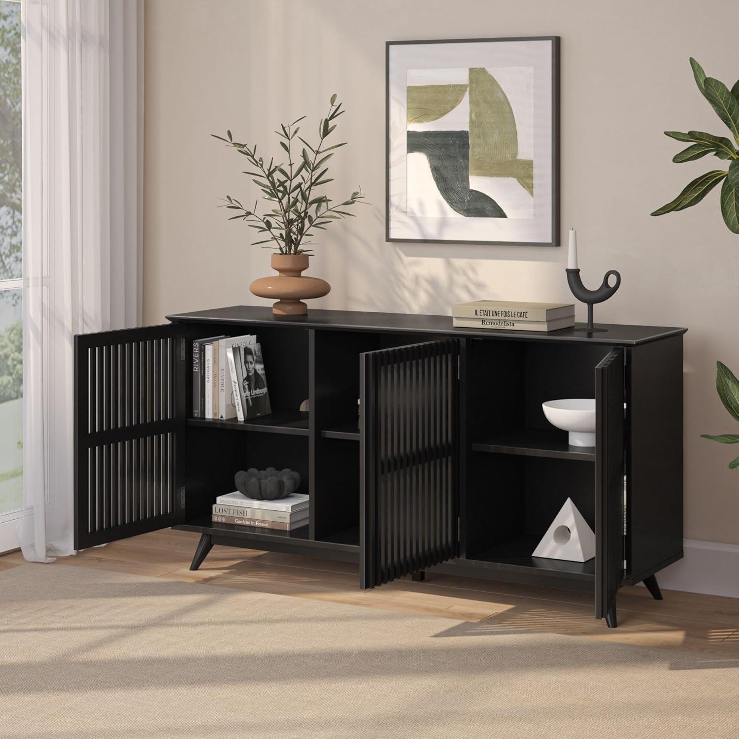 image:imagePlankBeam MidCentury Modern Wood TV Stand Solid Wood Entertainment Console with Storage 59 L x 16 W x 30 H WalnutBlack