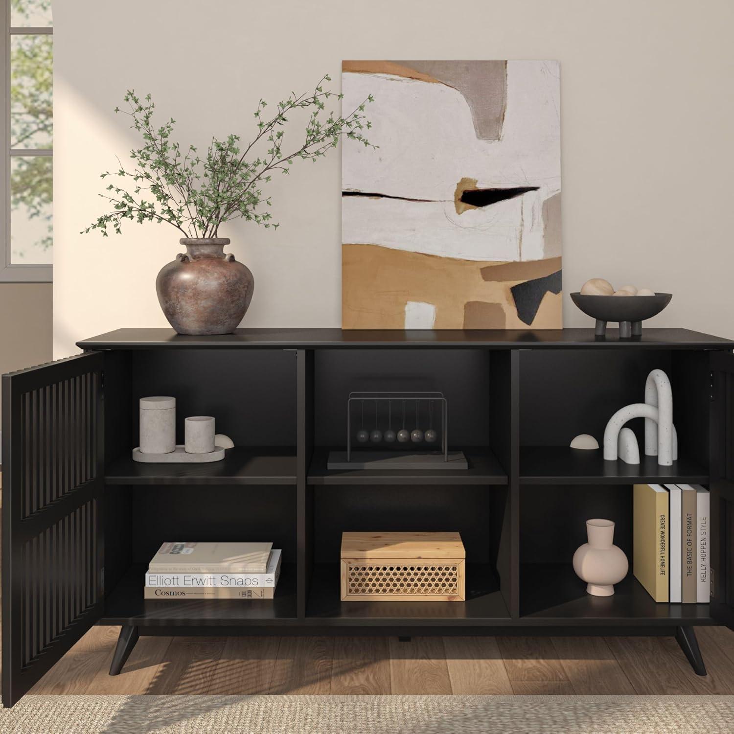 image:imagePlankBeam MidCentury Modern Wood TV Stand Solid Wood Entertainment Console with Storage 59 L x 16 W x 30 H WalnutBlack