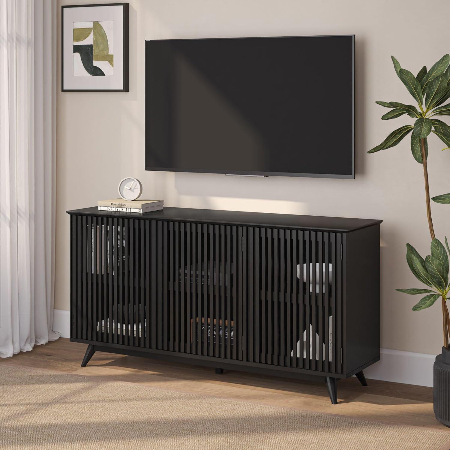 image:imagePlankBeam MidCentury Modern Wood TV Stand Solid Wood Entertainment Console with Storage 59 L x 16 W x 30 H WalnutBlack