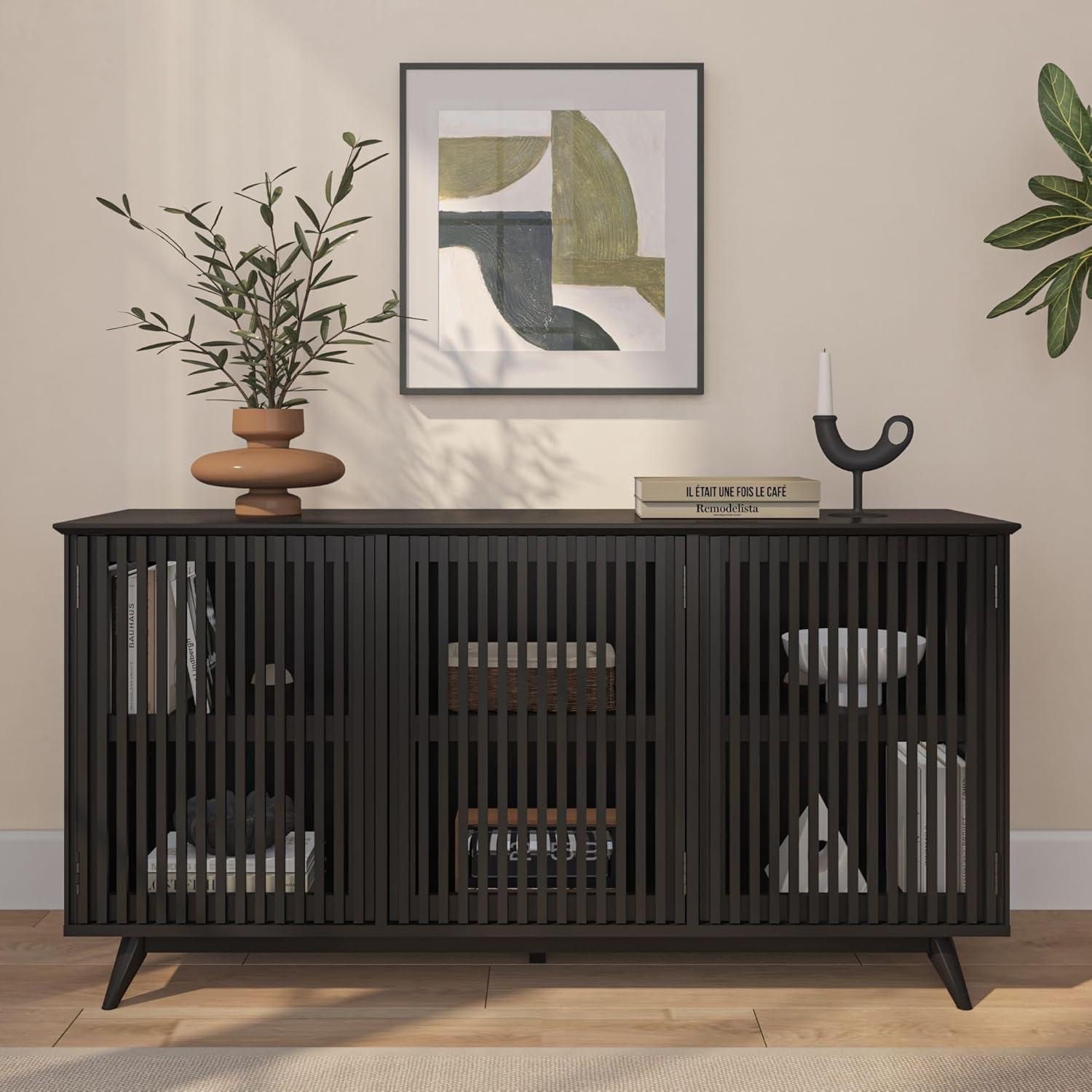 image:imagePlankBeam MidCentury Modern Wood TV Stand Solid Wood Entertainment Console with Storage 59 L x 16 W x 30 H WalnutBlack